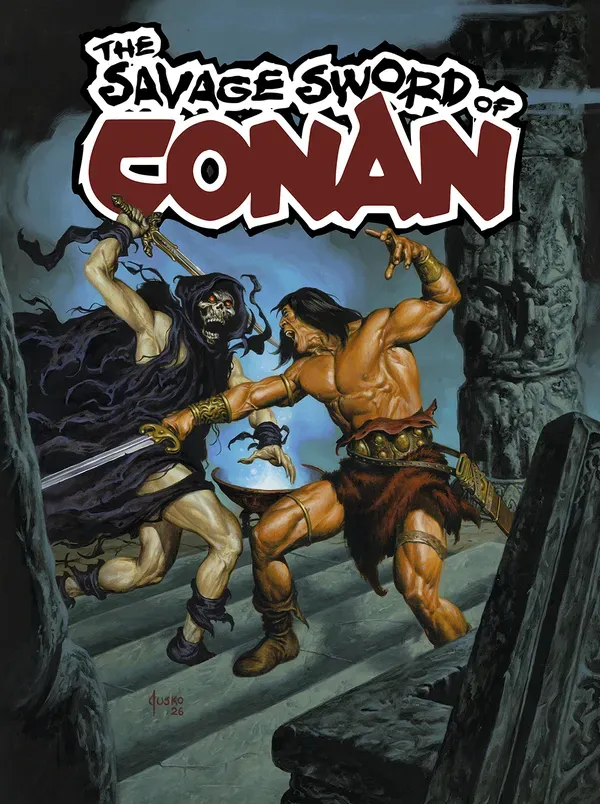 Thulsa Doom and Conan the Barbarian battle in underground ruins on the cover of The Savage Sword of Conan #16