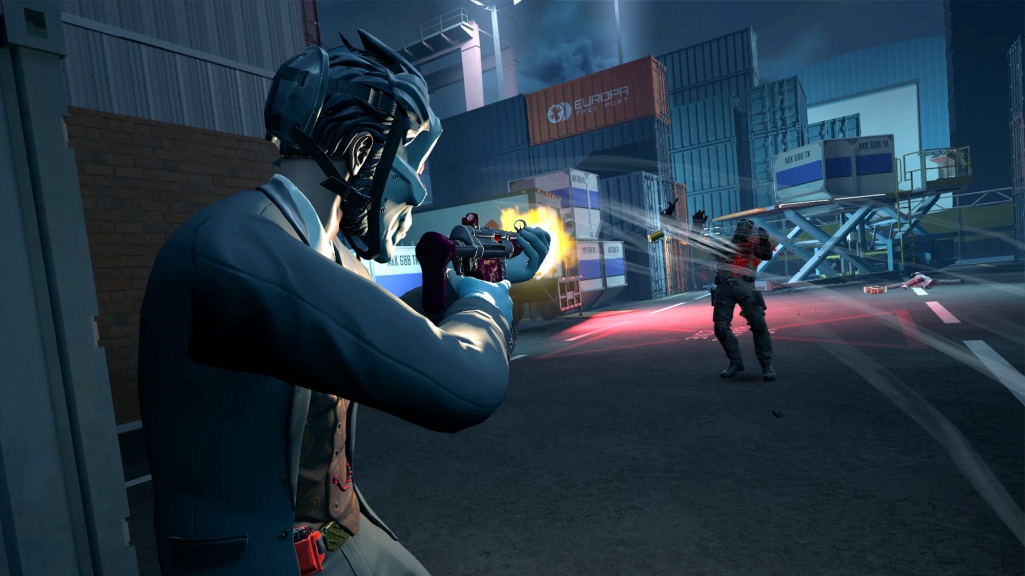 A masked heister fires a pistol at a guard across a container yard
