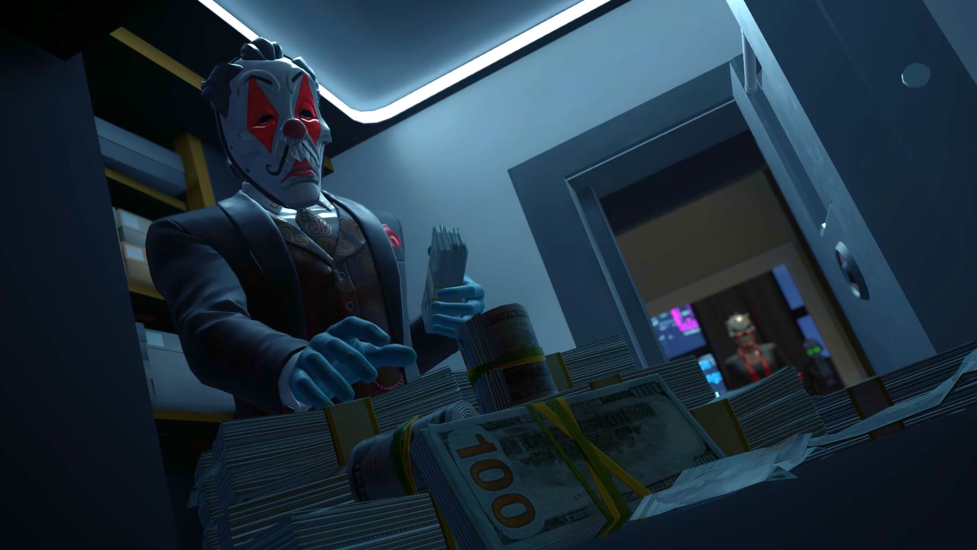 A masked heister reaches for stacks of hundred-dollar bills in a vault