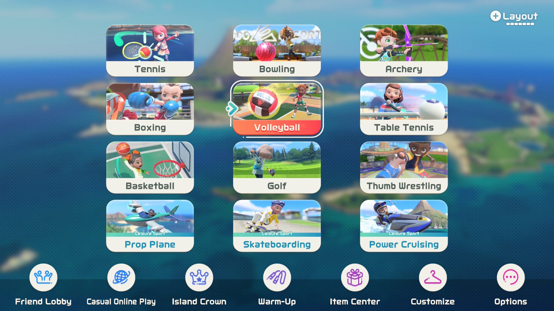 The main menu of Nintendo Switch Sports Resort