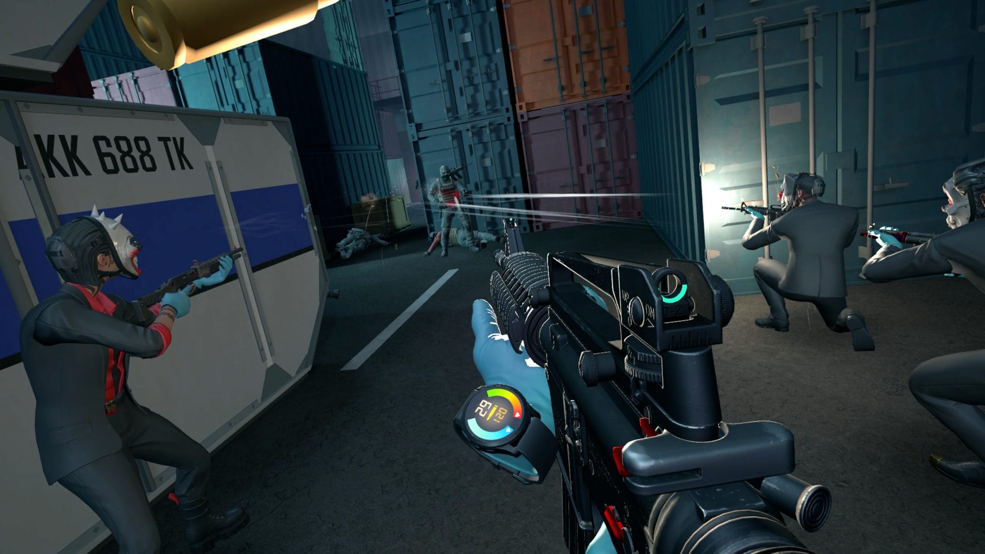 First-person view of an assault rifle aimed across a shipping yard as teammates fire at guards