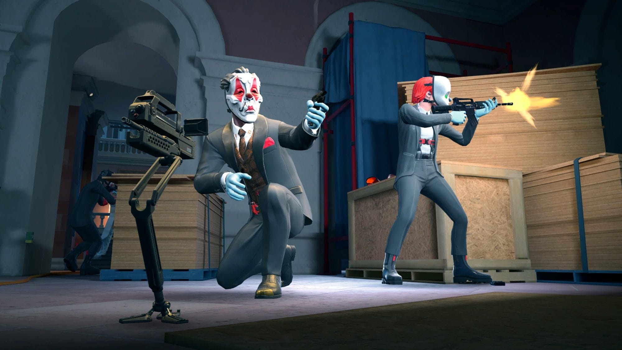 Two heisters in suits take cover behind crates, one with a mounted gun