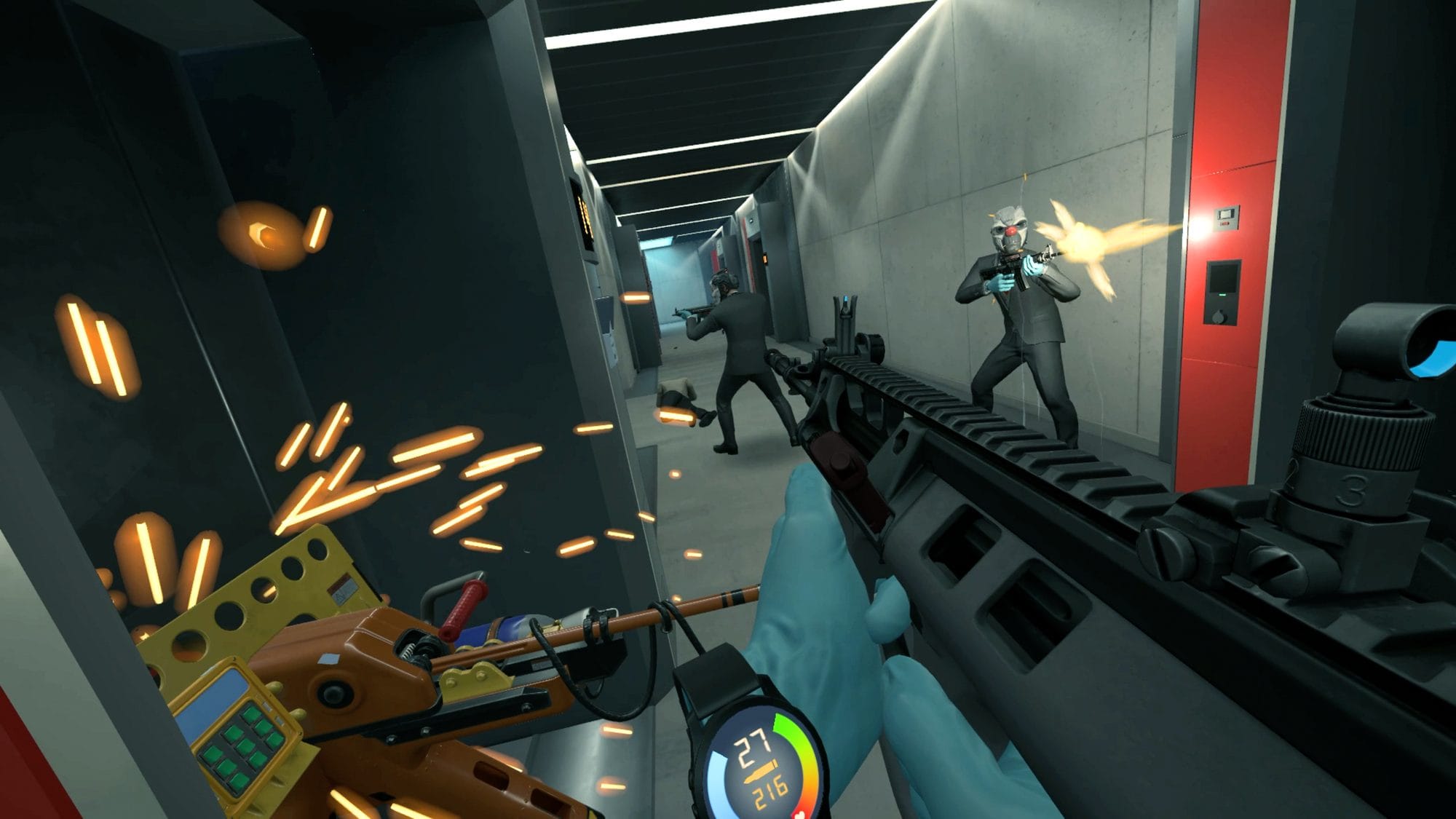 Sparks fly as a first-person rifle fires down a corridor