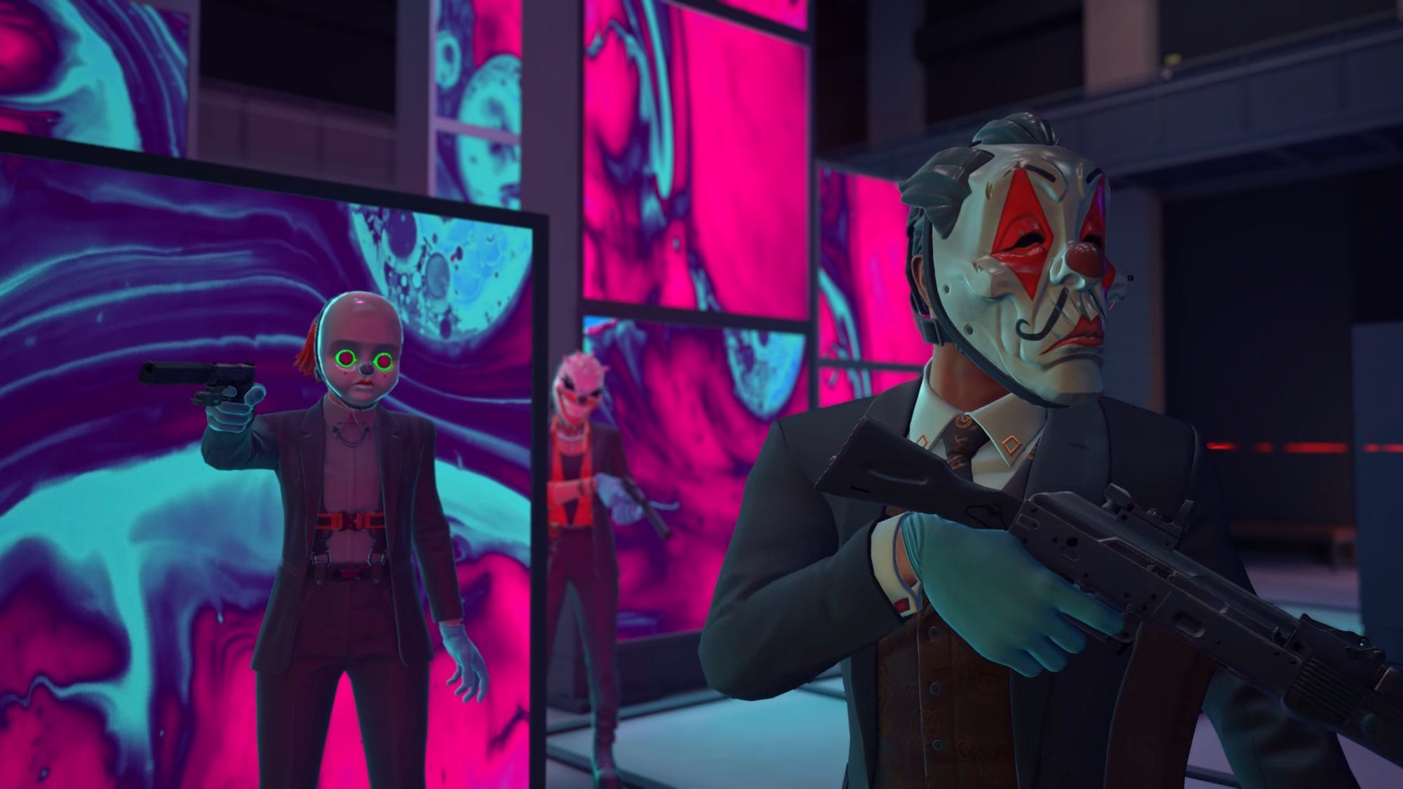 Masked crew with guns in a neon pink and teal lit room