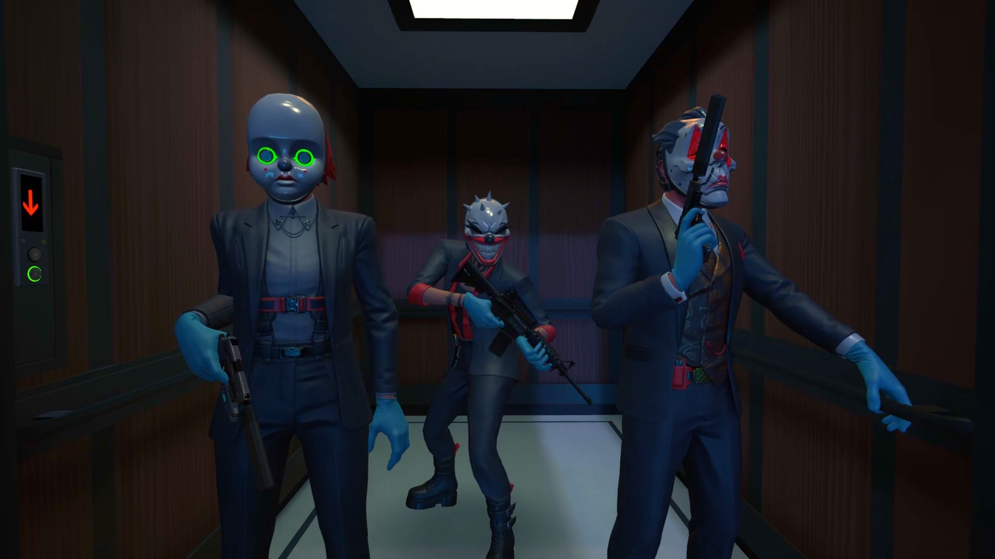 Three masked heisters stand shoulder to shoulder in an elevator