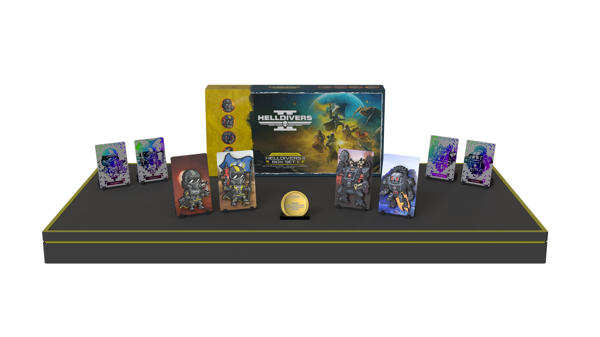 HELLDIVERS 2 Box Set 1 box with four pixel-art figures, holo plates and a gold coin on a display stage