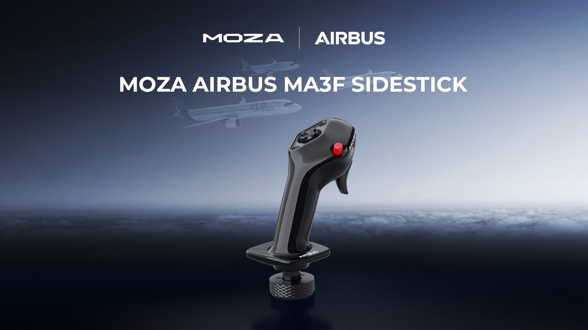 MOZA Airbus MA3F sidestick standing above clouds with faint Airbus airliners behind it