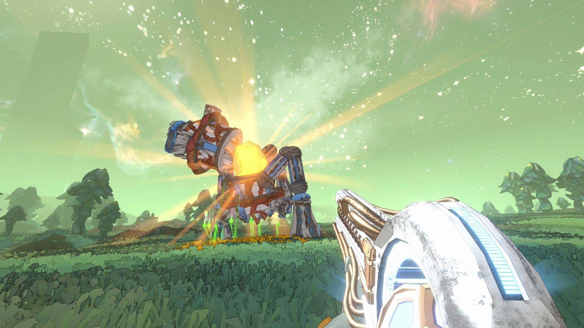Giant robotic walker bursting with golden light on a green hillside as a white weapon points at it