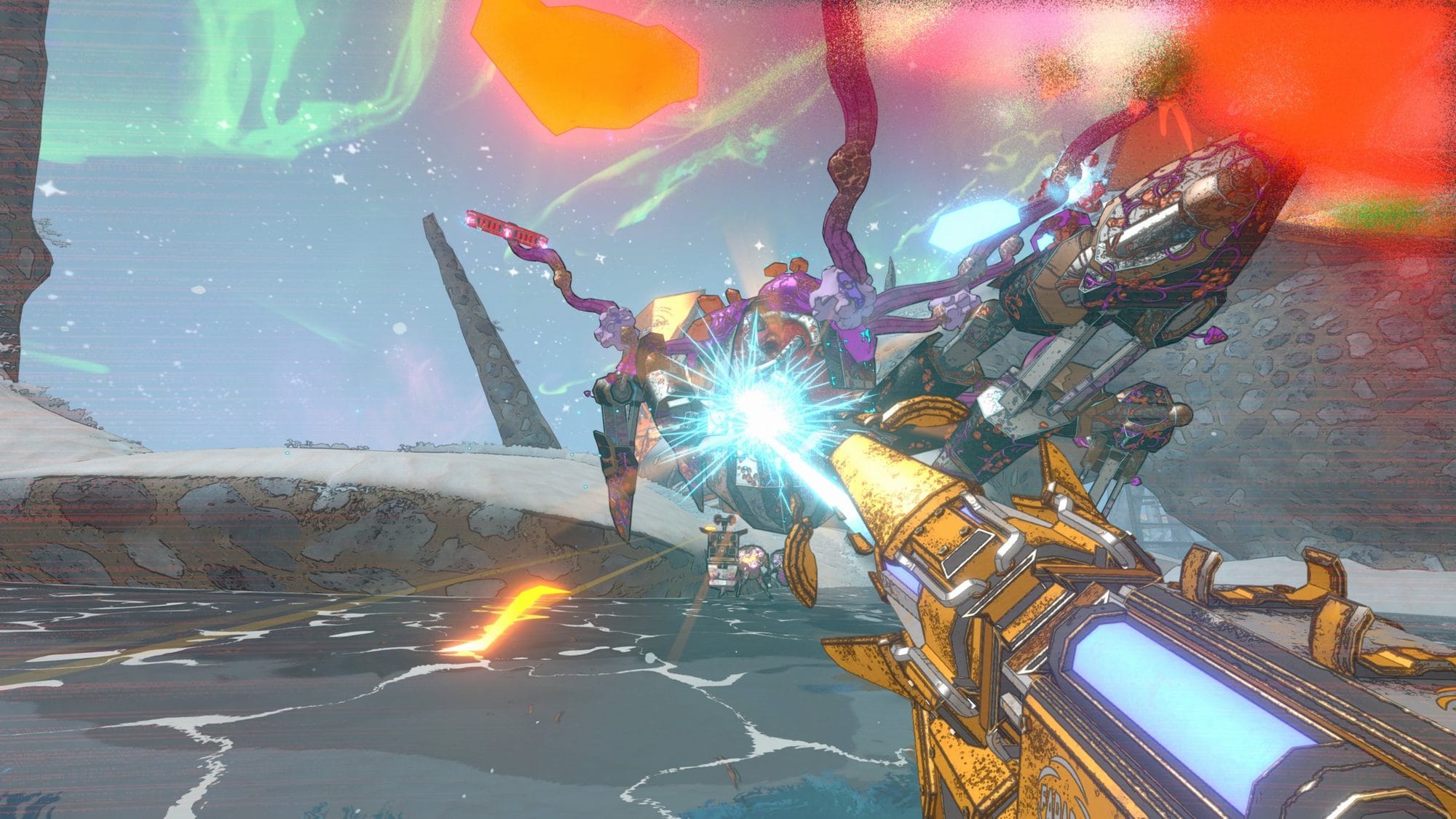 First-person view of a glowing golden weapon firing at a tentacled robot creature over a frozen lake