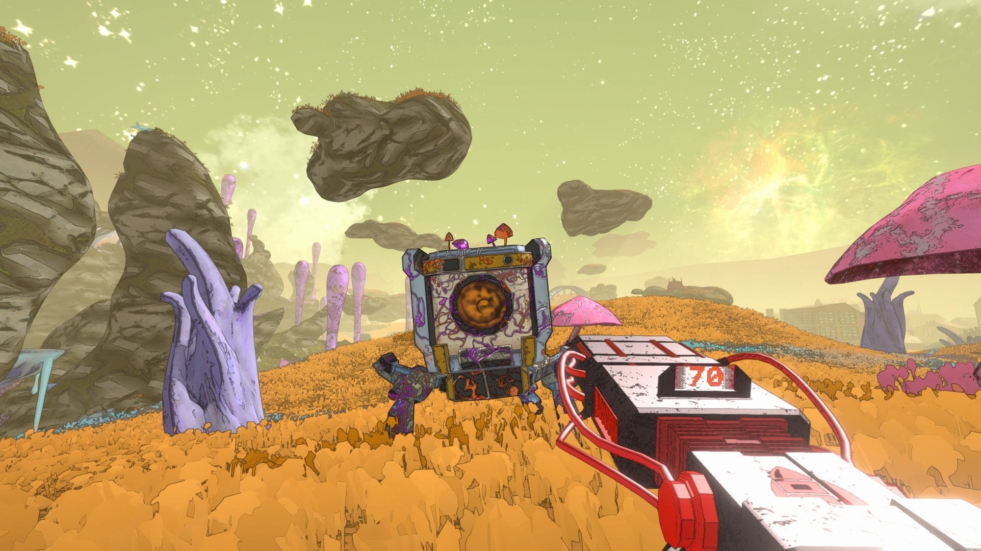 Player aiming a weapon at a supply crate in an orange meadow with floating rocks overhead