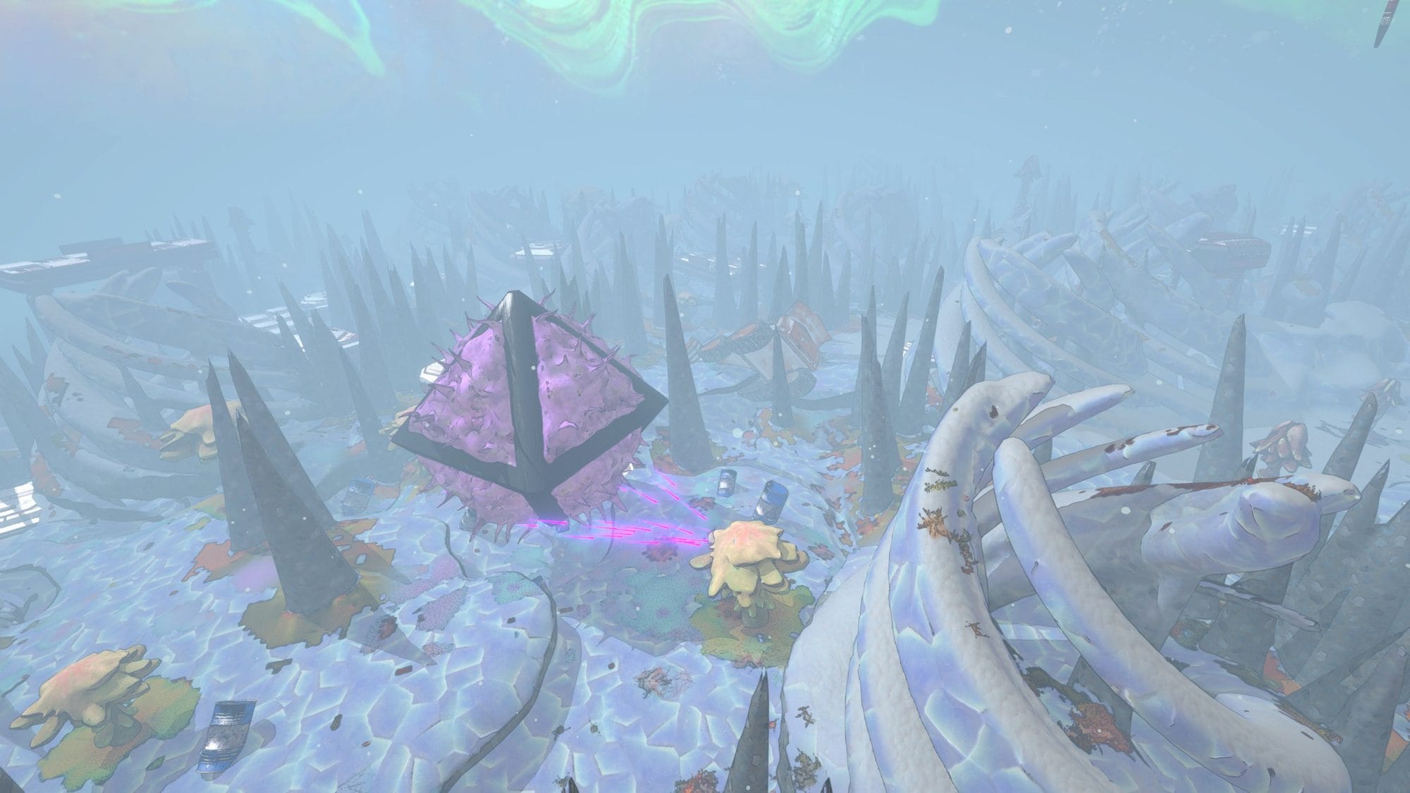 Glowing purple crystal pyramid among bone-like spires in a misty blue underwater-style landscape