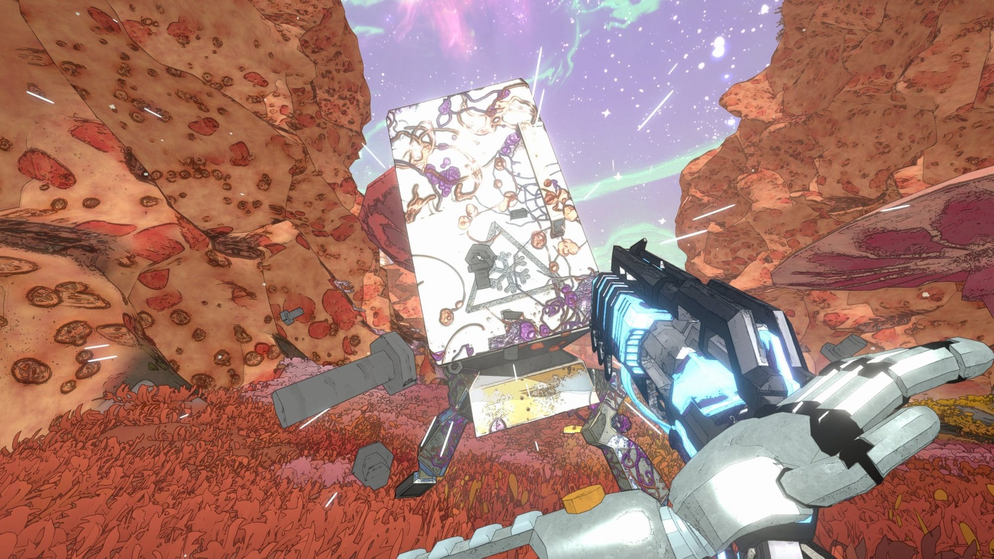 Robot hand and glowing pistol in a red rocky canyon as a ragged banner flutters past