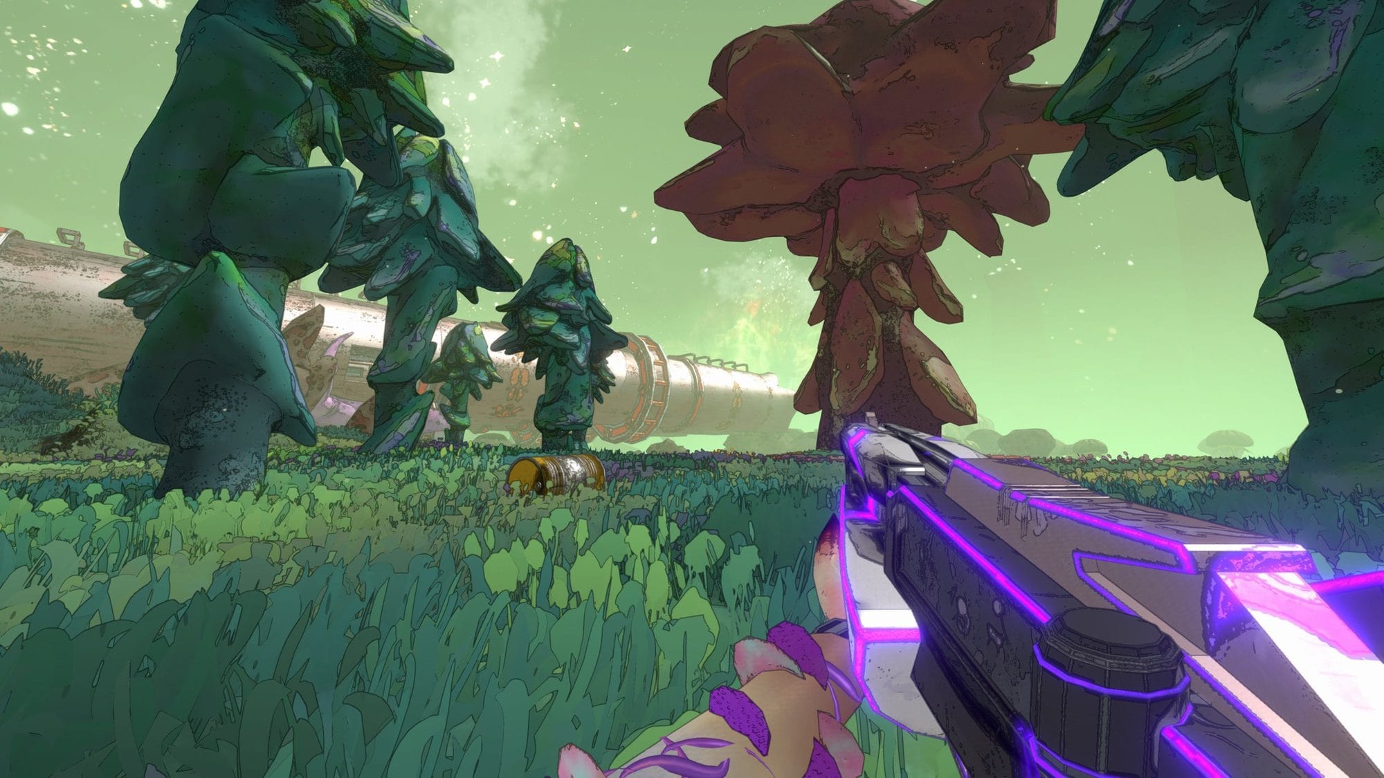 Purple neon weapon aimed across a forest clearing of tall green trees toward a fallen pipe