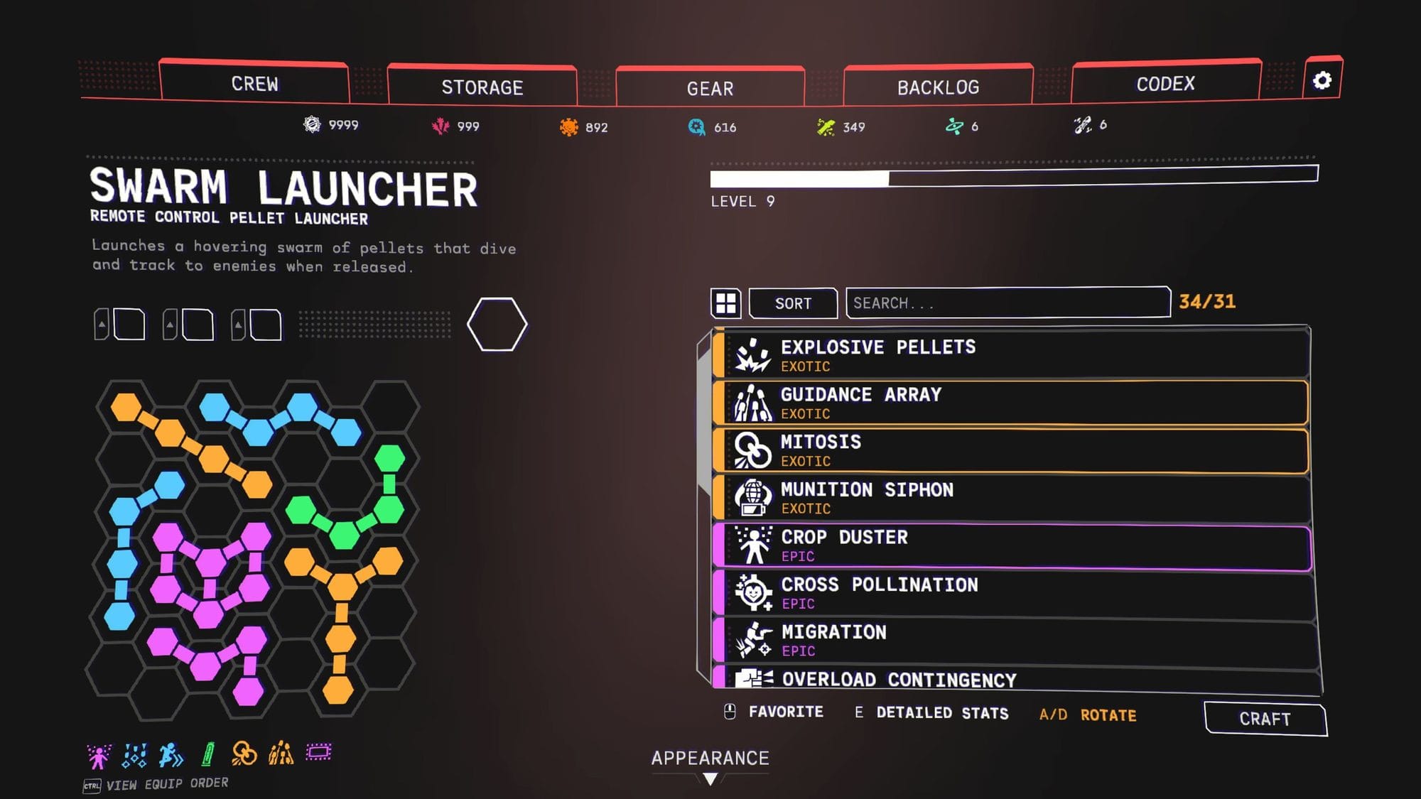 Mycopunk weapon menu showing the Swarm Launcher and its hexagonal upgrade grid with modifier list