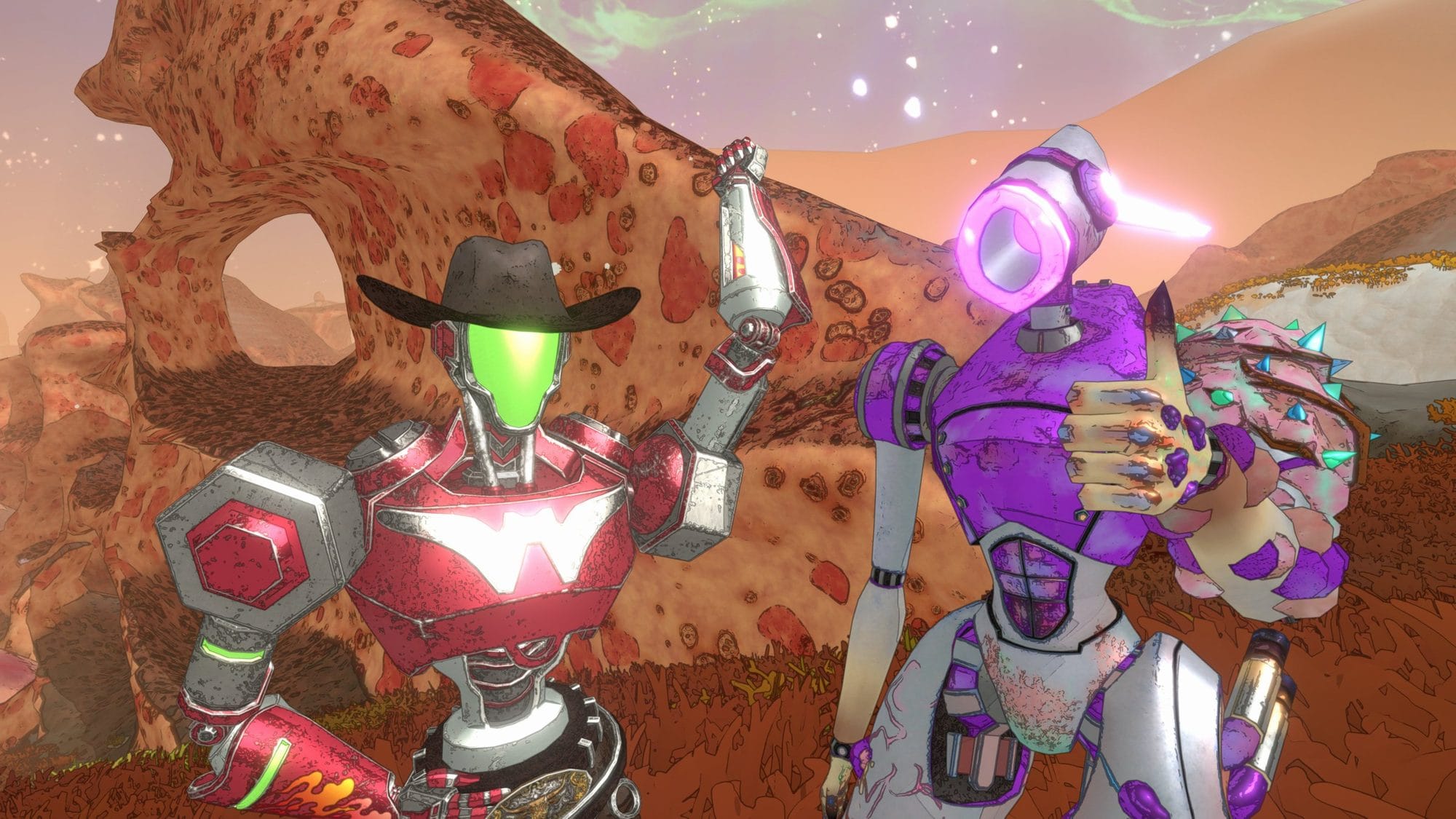 Two Mycopunk robot characters, one in a cowboy hat and one in purple armor, posing on a red desert plateau