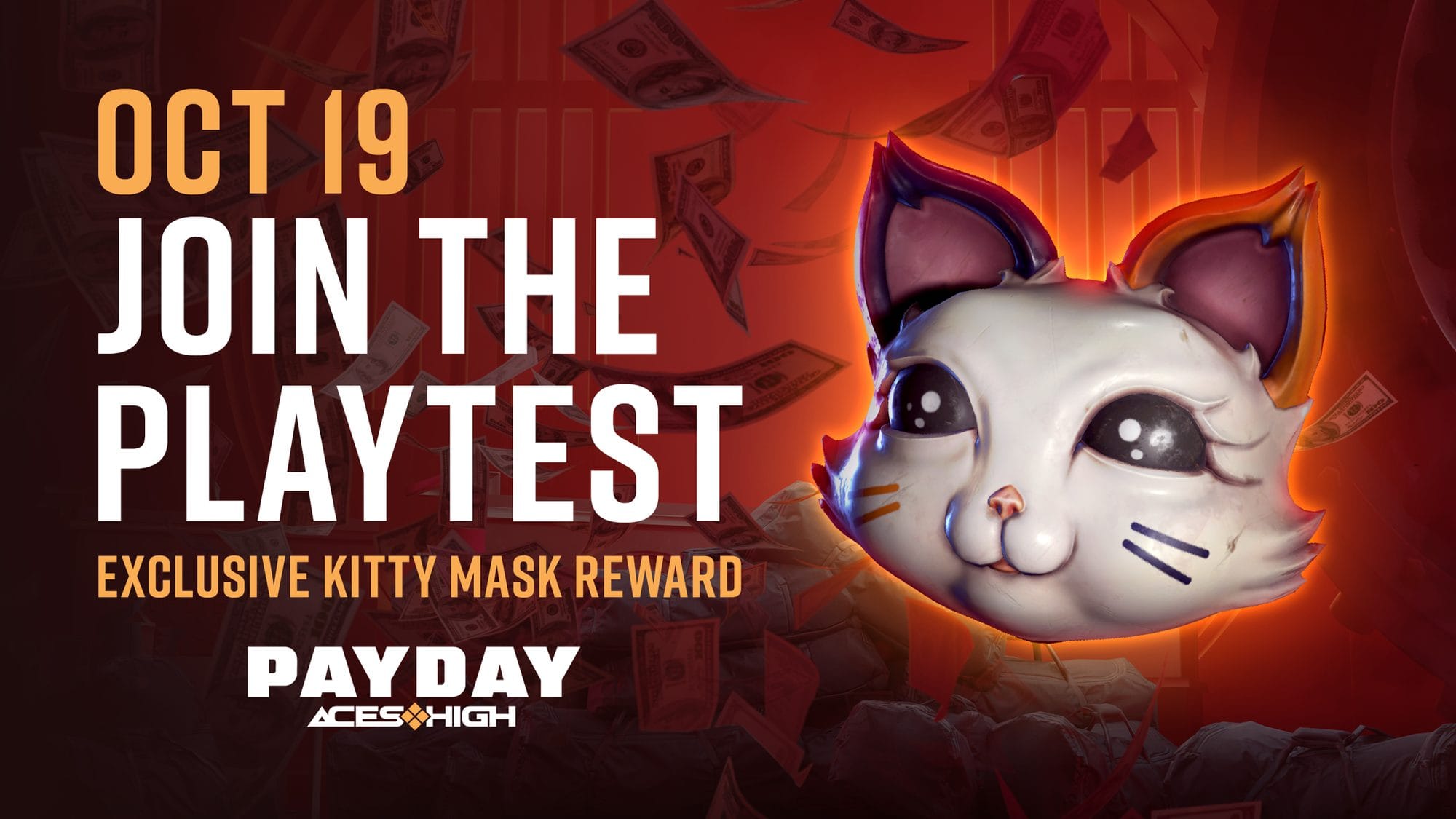 Promotional art for the PAYDAY: Aces High playtest showing a white cat mask