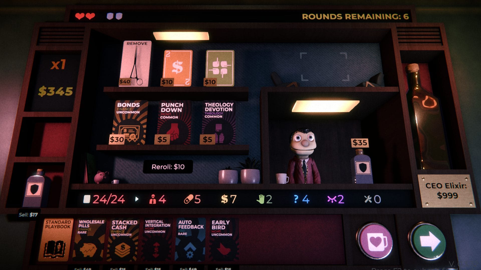 Mr Magpie's Harmless Card Game shop screen offering upgrade cards and a small puppet merchant