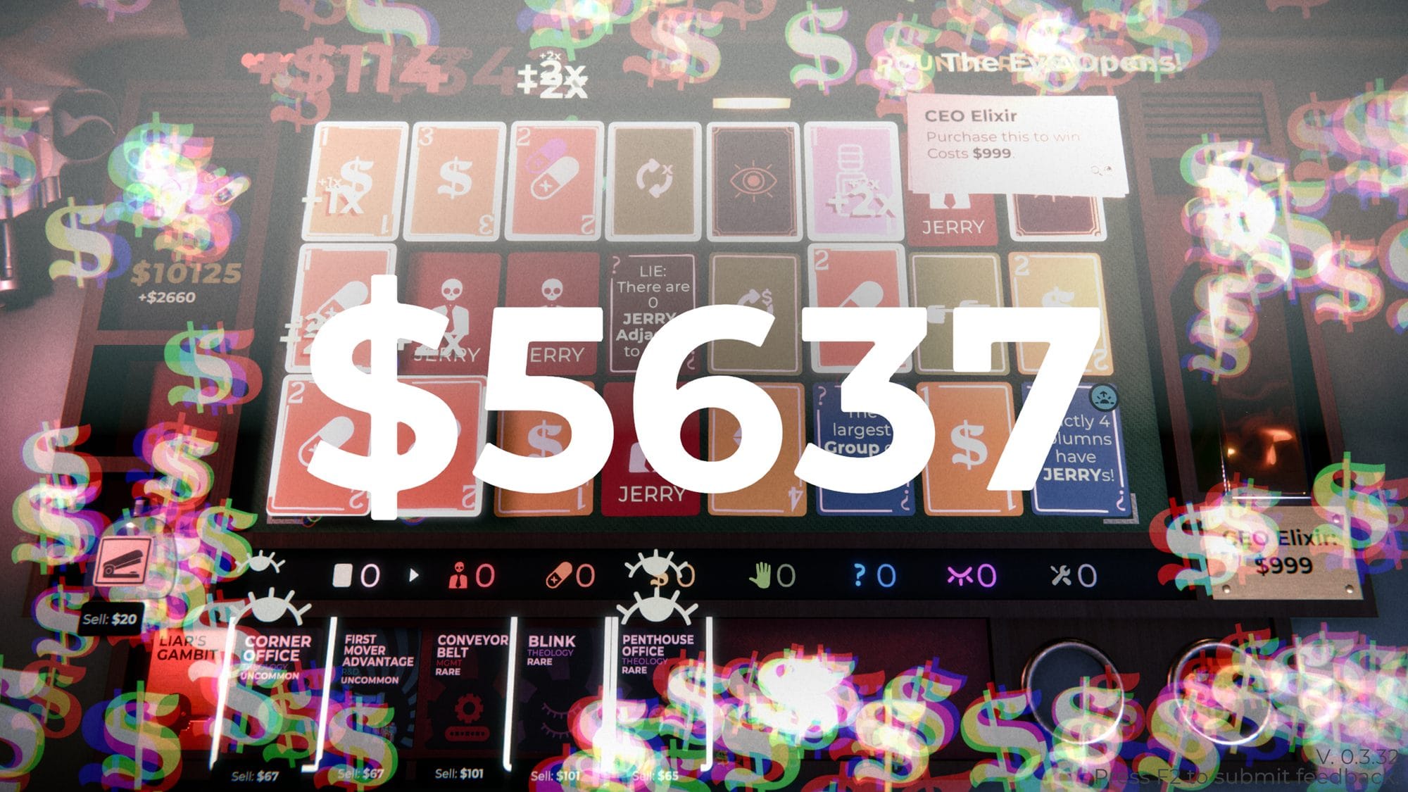 Huge $5637 score and flying dollar signs flooding a card board during a high-multiplier run