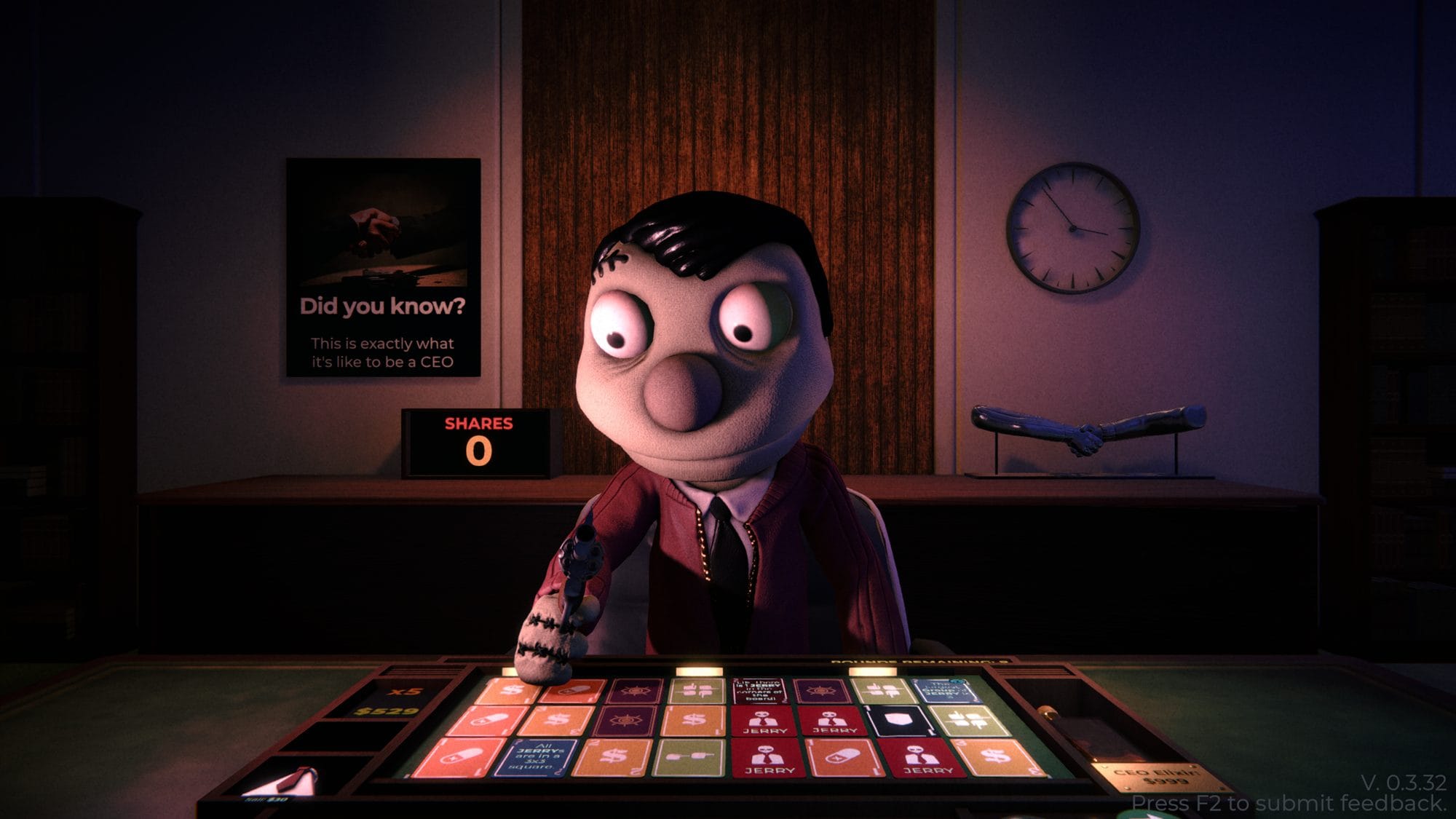 Mr Magpie, the smiling puppet host in a red suit, sits behind a desk over a grid of playing cards