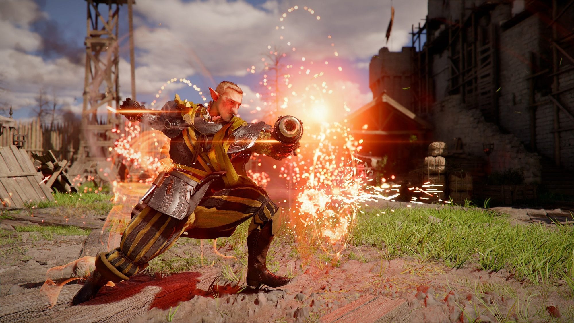 Armored warrior with a glowing hand cannon firing a burst of orange sparks outside a wooden fortress