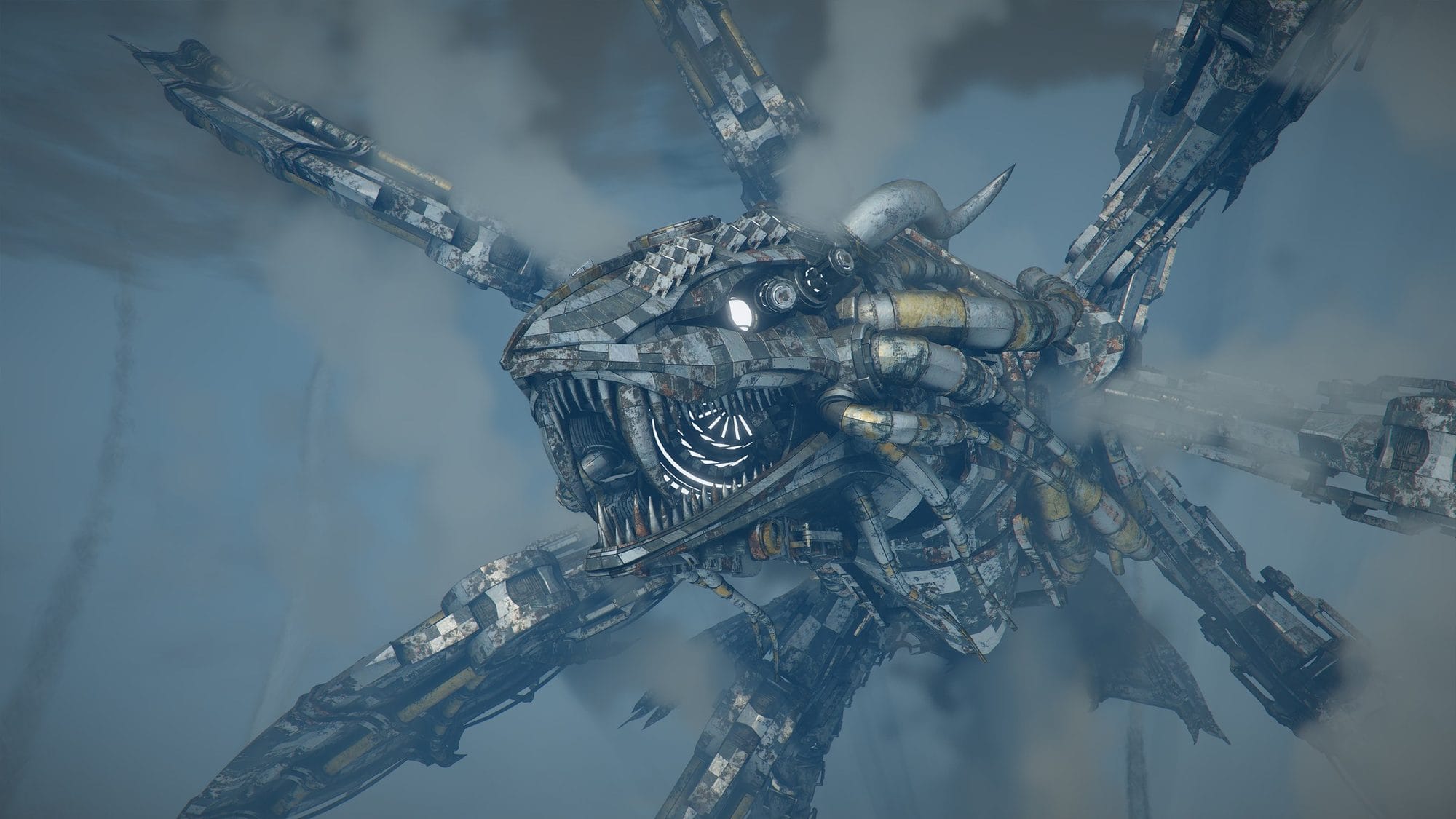 Giant mechanical creature with a toothed maw and long metal limbs looming through stormy clouds