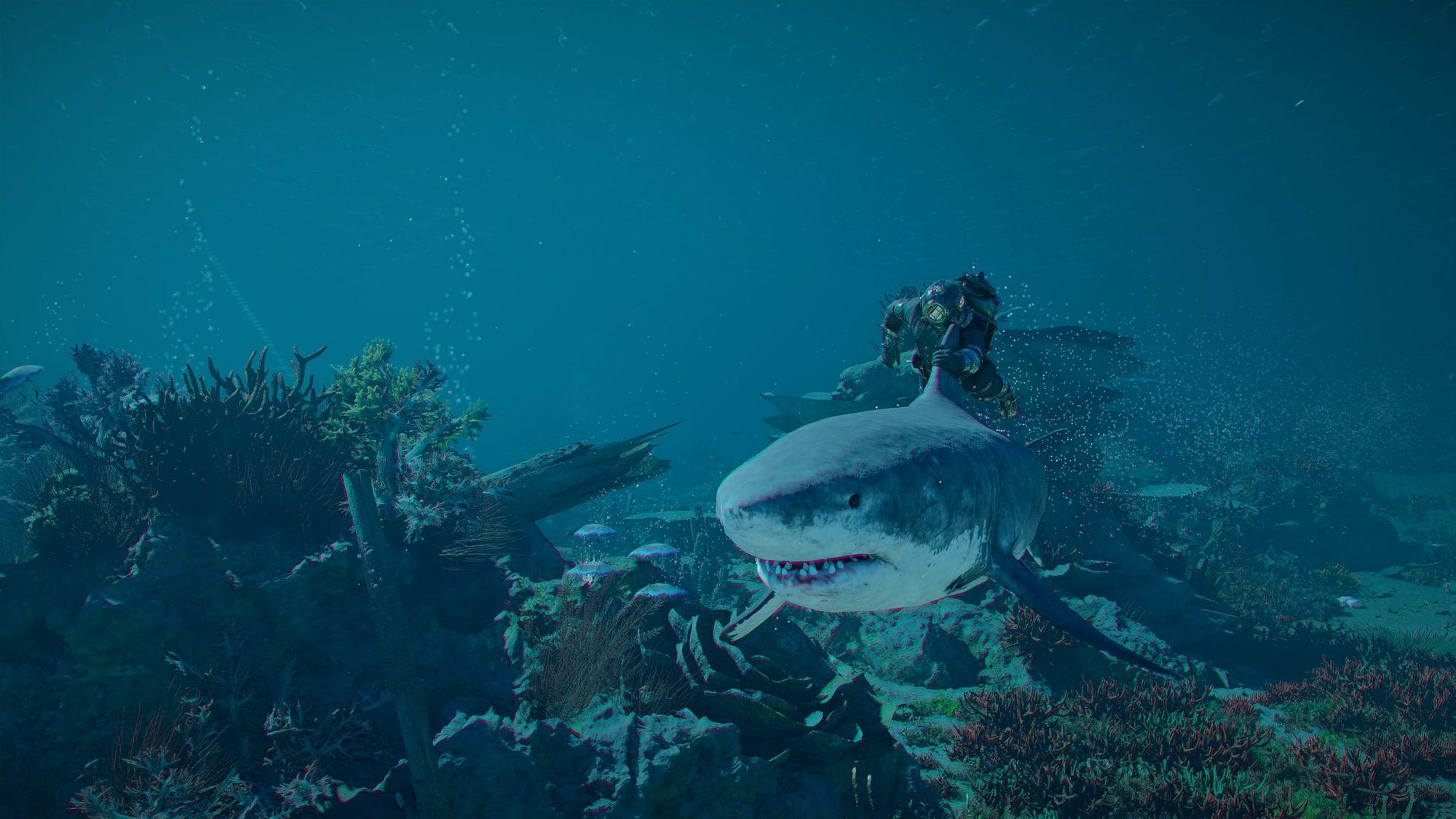 Great white shark swimming over a coral reef in deep blue water