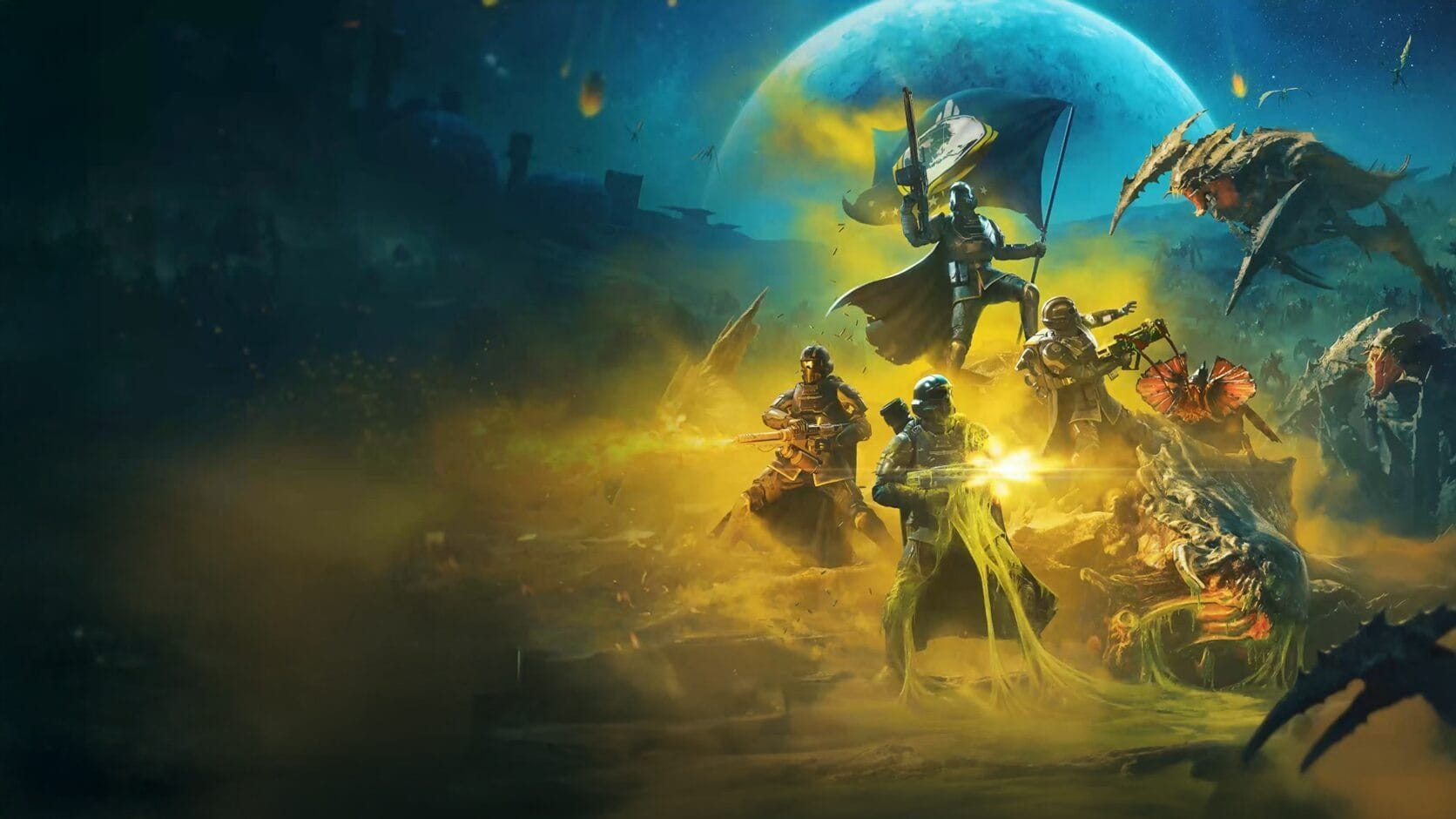 HELLDIVERS 2 key art of armored Helldivers with a flag fighting insectoid enemies in yellow smoke