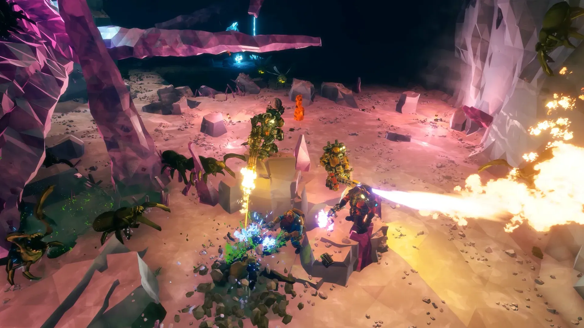 Deep Rock Galactic dwarves fighting off a Glyphid swarm with a flamethrower in a pink crystal cavern