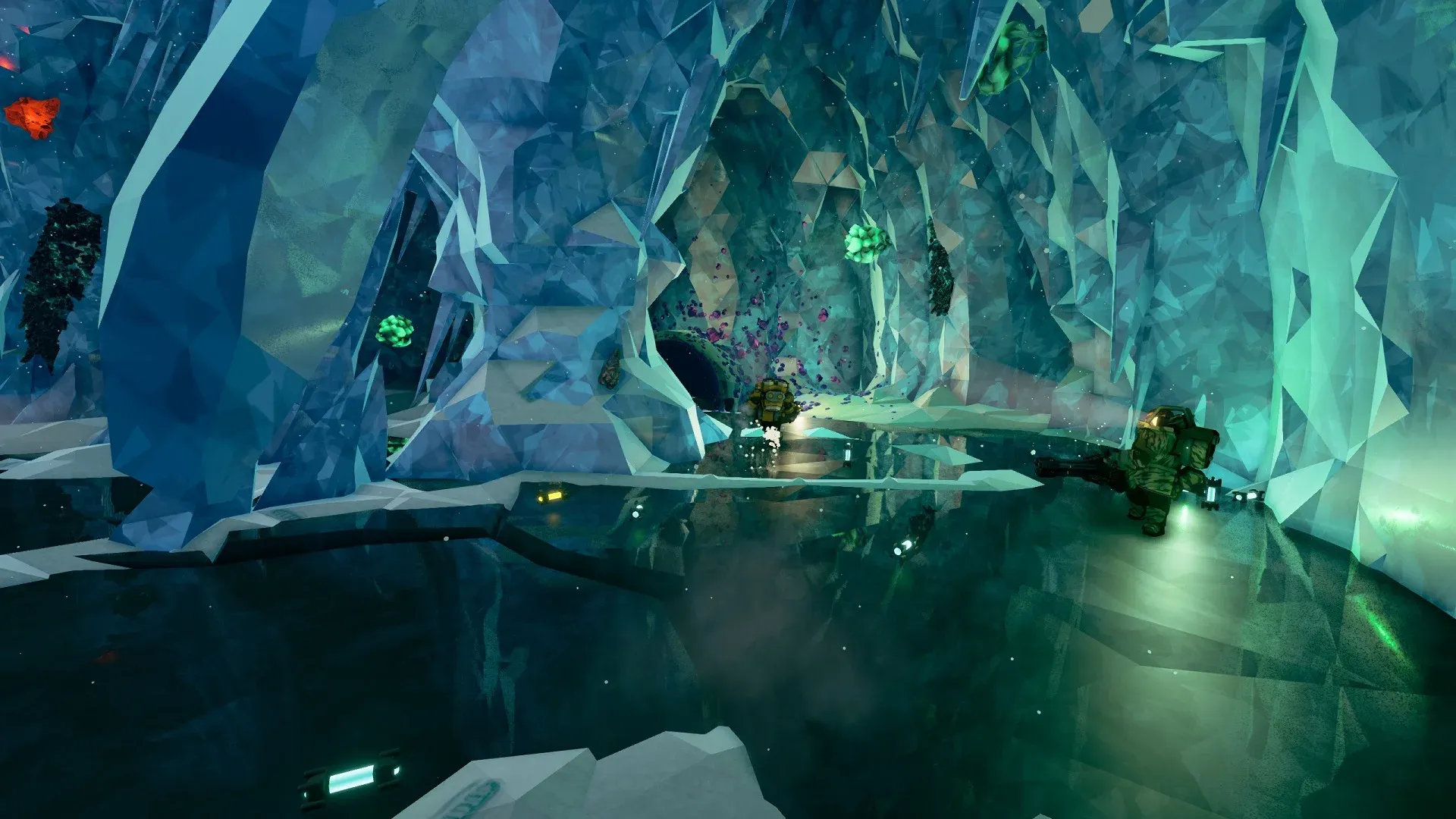 Deep Rock Galactic miners exploring a reflective blue ice cave with green minerals in the walls
