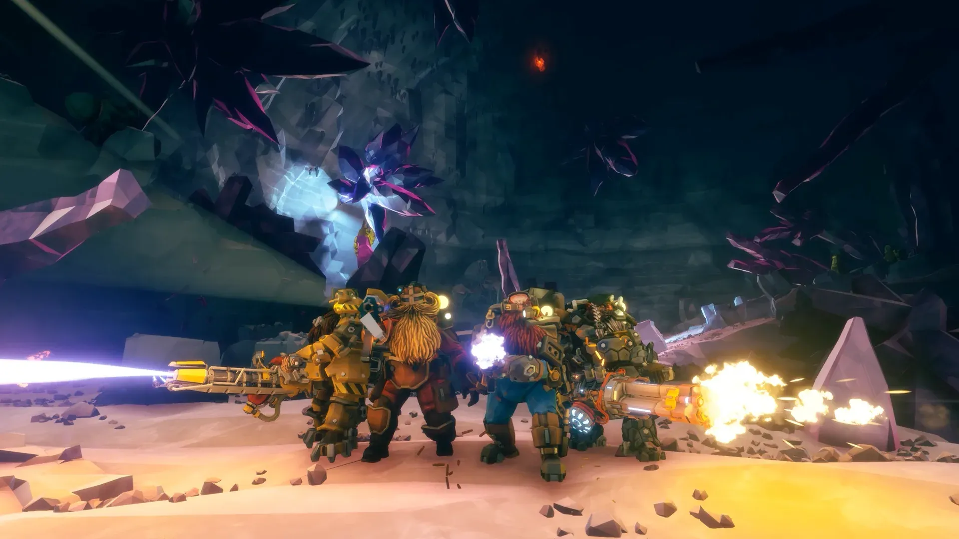 Four Deep Rock Galactic dwarves firing a laser and a minigun side by side in a purple crystal cave