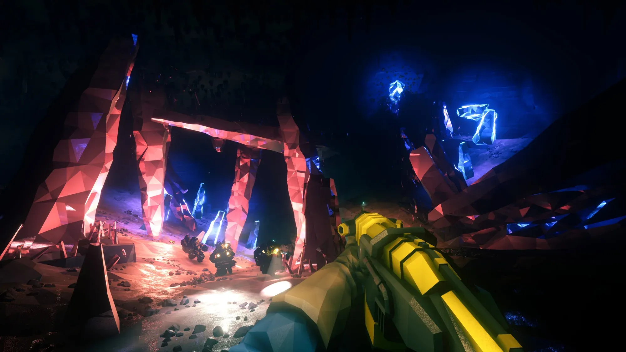 Dark Deep Rock Galactic cave lit by glowing red and blue crystals, with dwarves in the distance