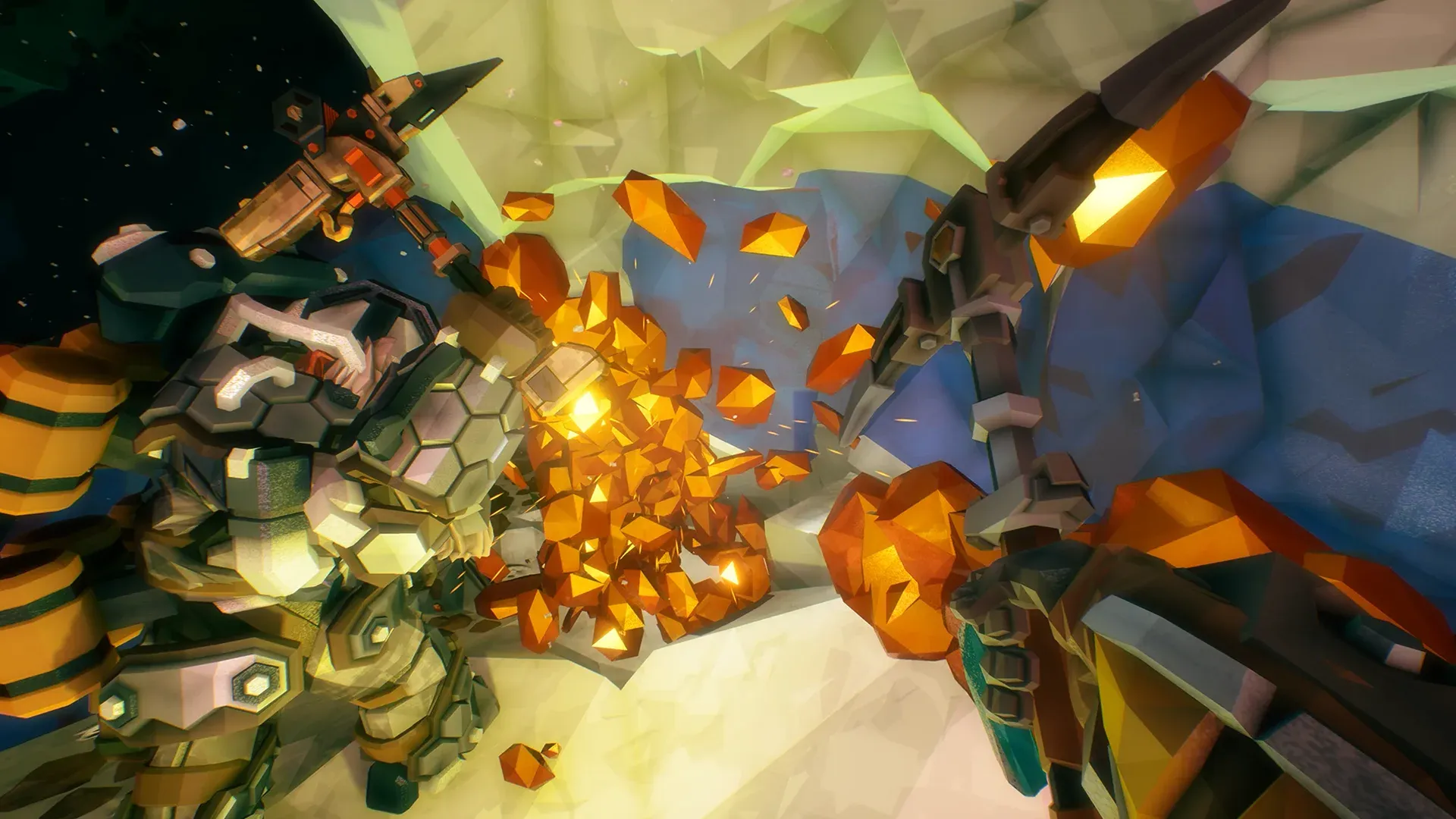 Deep Rock Galactic dwarf swinging a pickaxe into orange mineral chunks that burst out of a cave wall