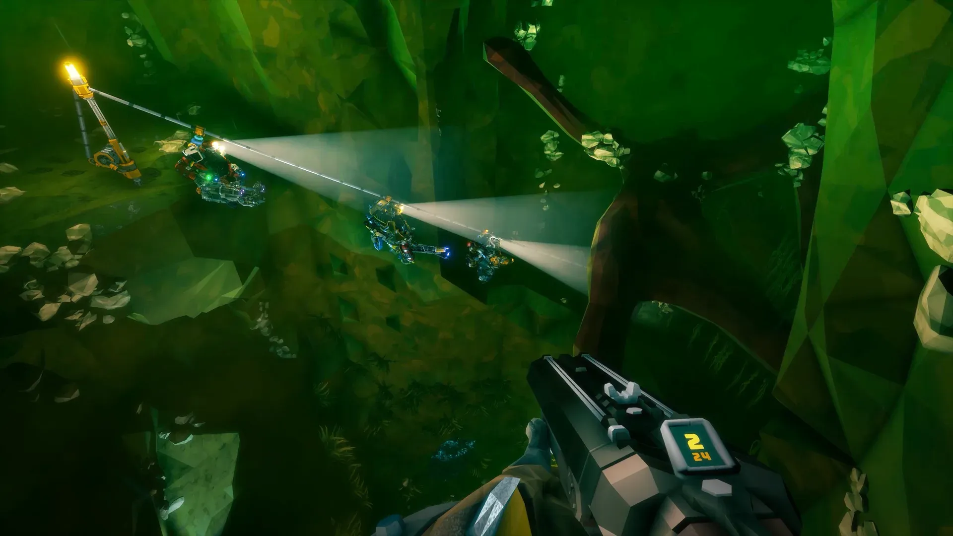 Deep Rock Galactic dwarves sliding down a zipline through a deep green cavern lit by flashlights