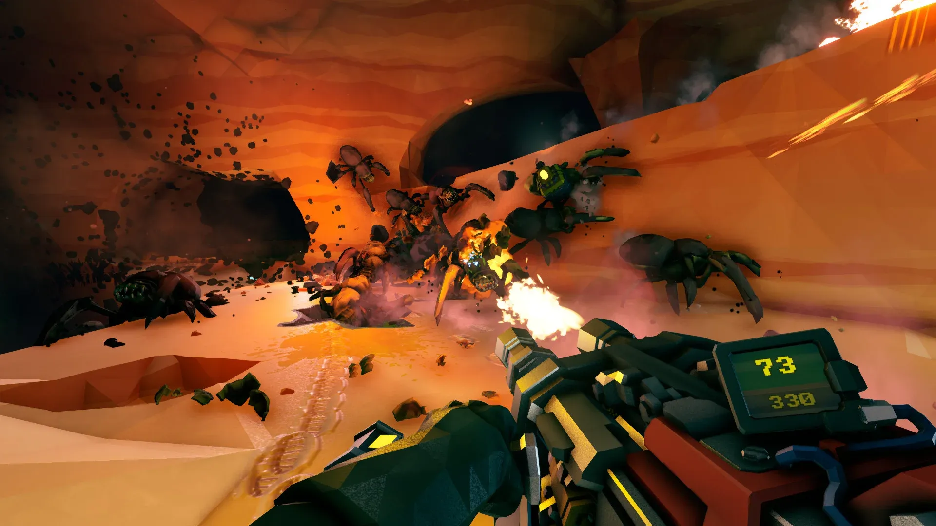 First-person view of a Deep Rock Galactic minigun shredding Glyphid bugs in an orange sandy cave