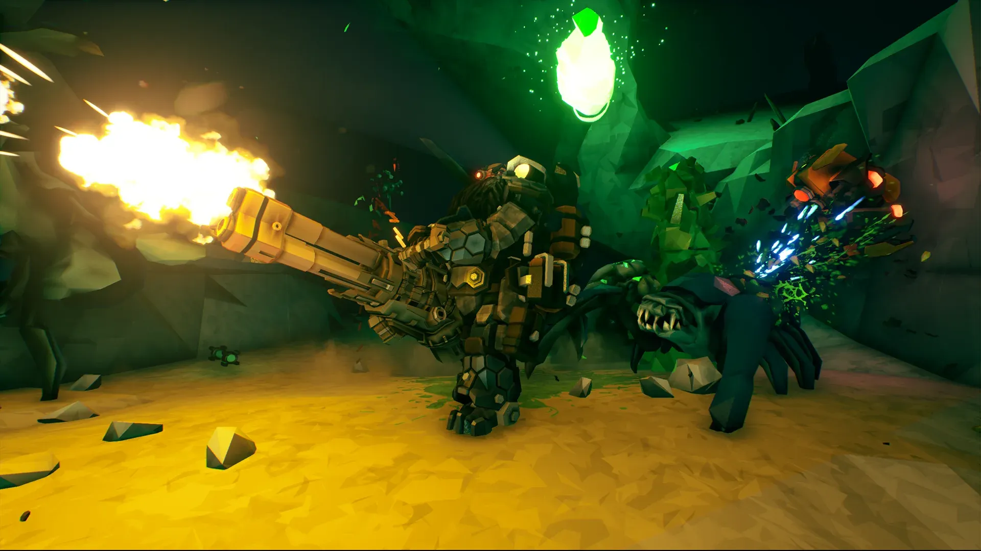 Deep Rock Galactic Gunner dwarf firing a minigun while a fanged creature lunges in a green-lit cave