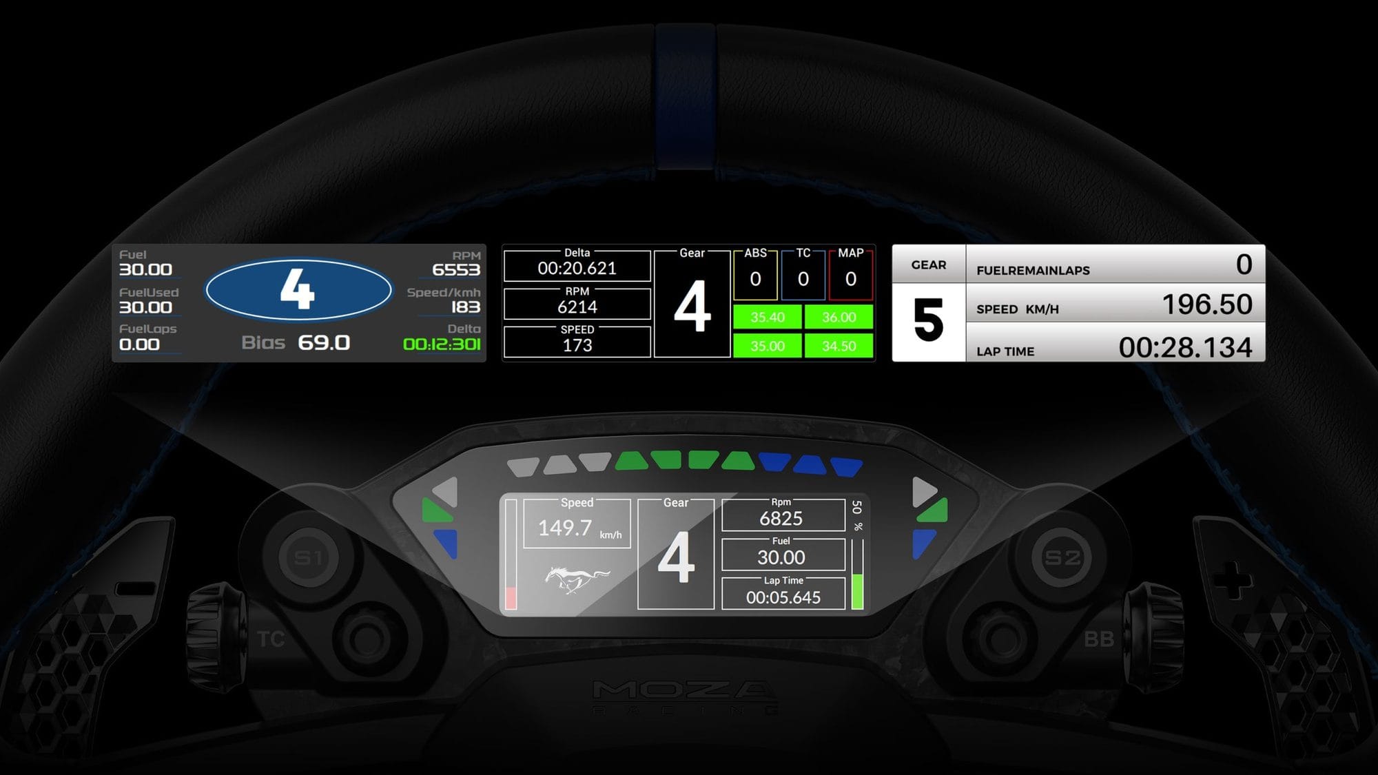 Mustang GTD wheel display and shift lights showing gear, speed and lap time over the dark rim