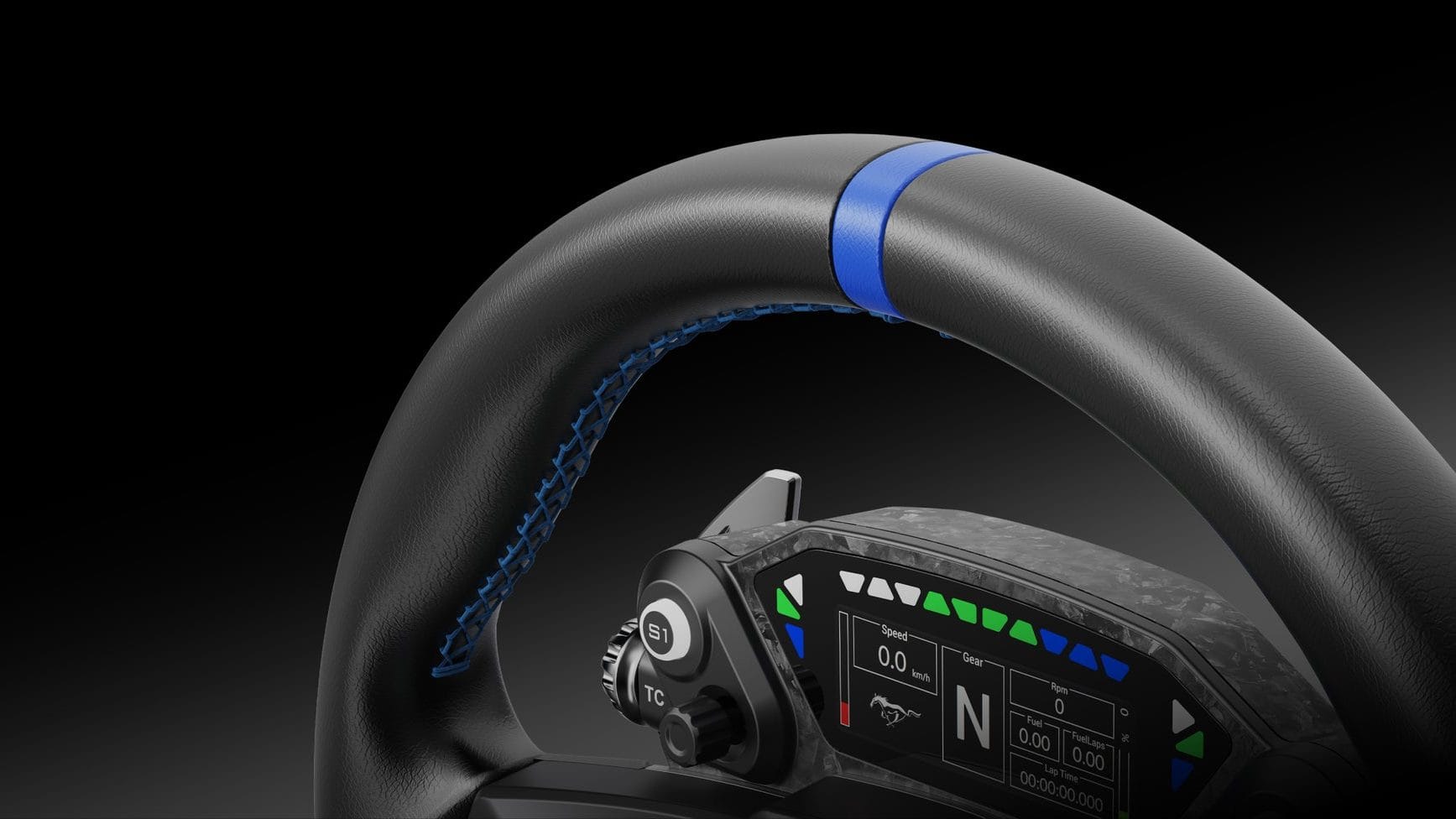 Close-up of the Mustang GTD wheel's leather rim, blue center stripe, colorful RPM lights and display