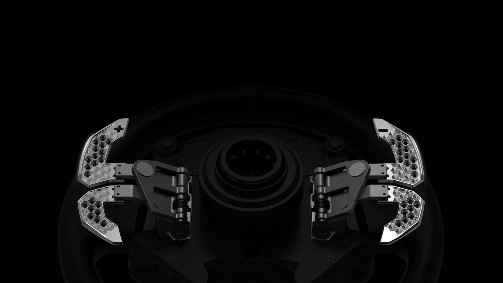 Rear view of the Mustang GTD wheel's aluminum shift and clutch paddles around the quick release