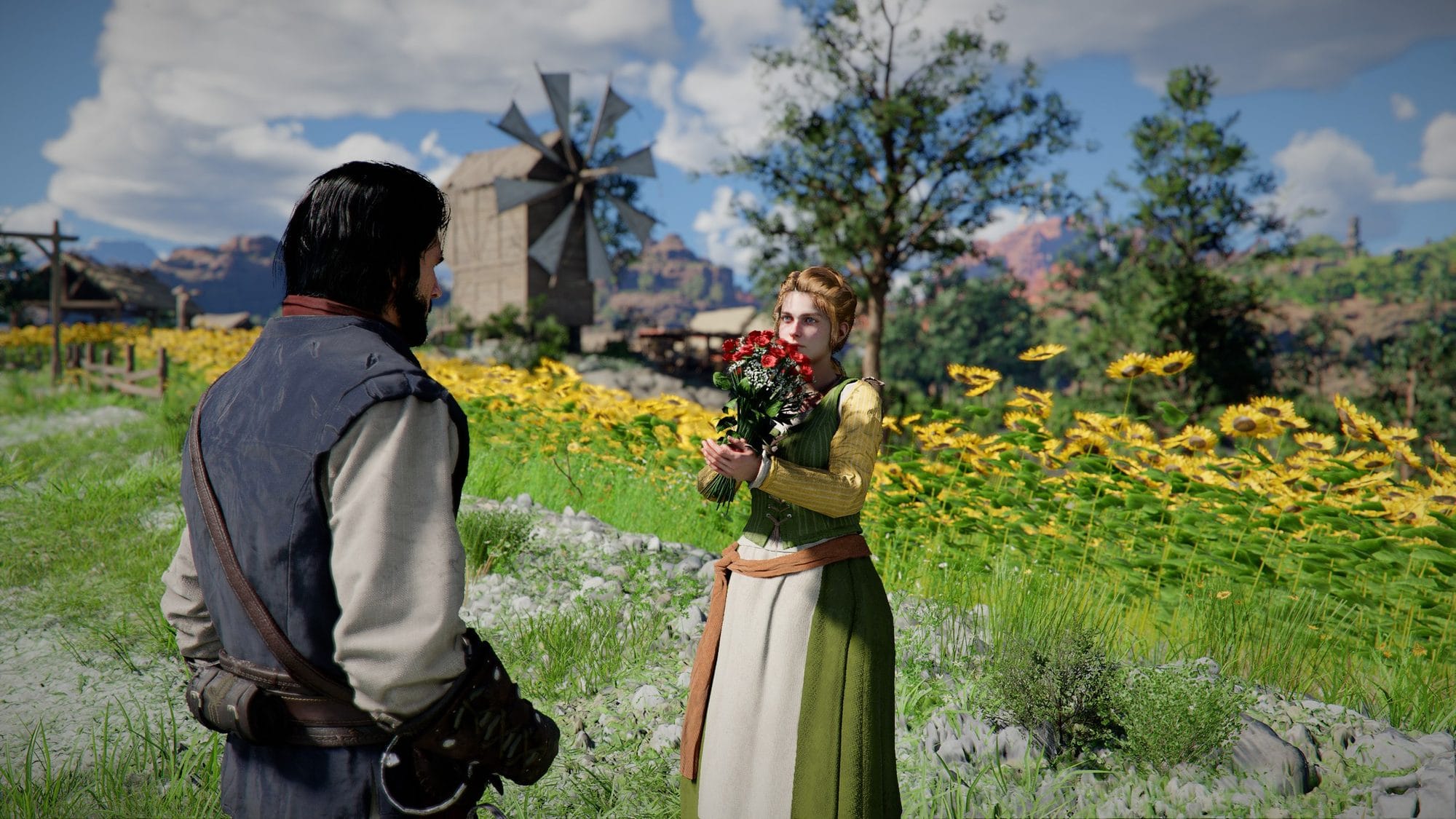 Bearded man in a vest facing a woman in a green dress holding a bouquet in a field of yellow flowers
