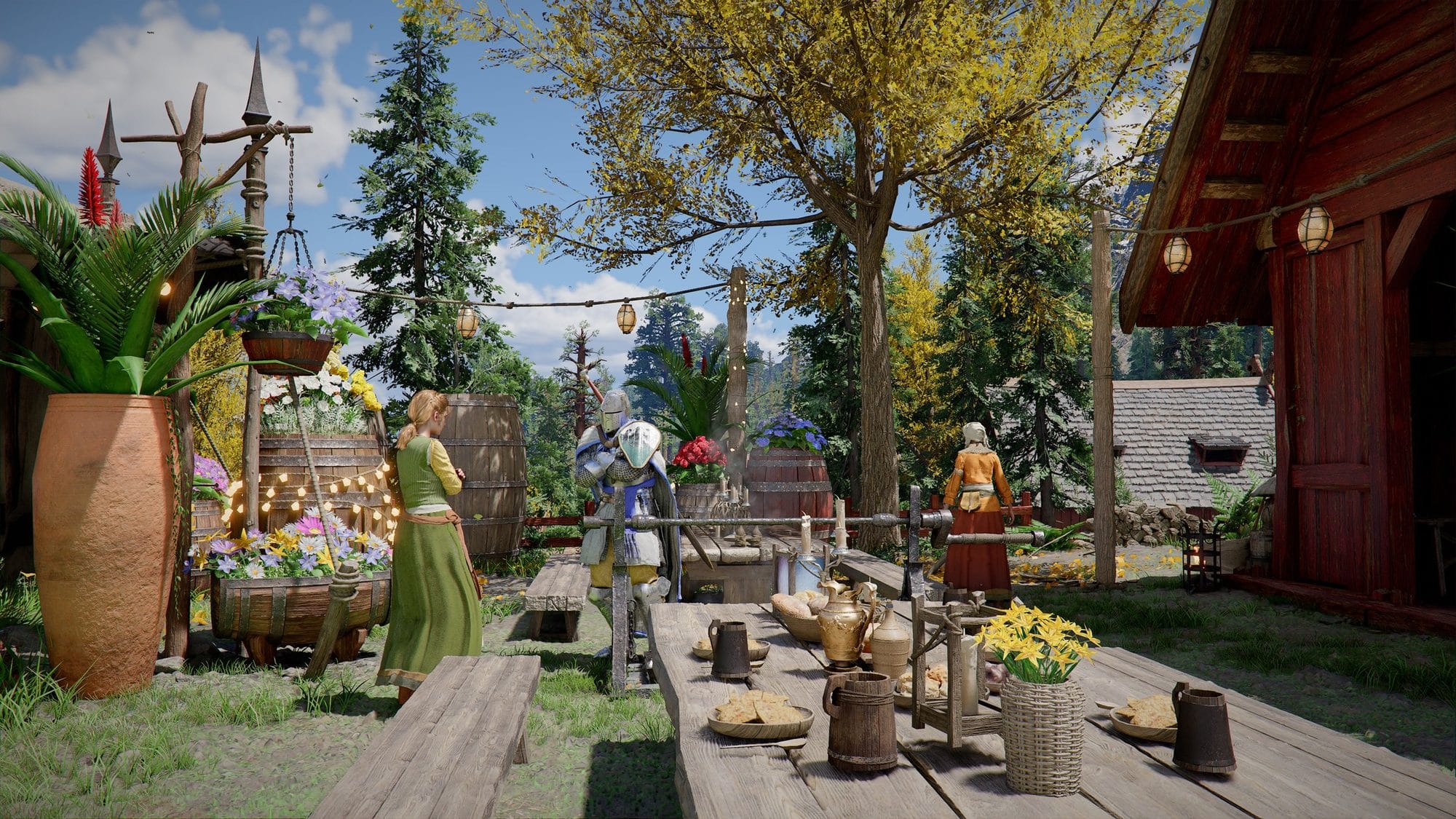 Greymane Camp table set with food and drink among flowers, with comrades standing nearby
