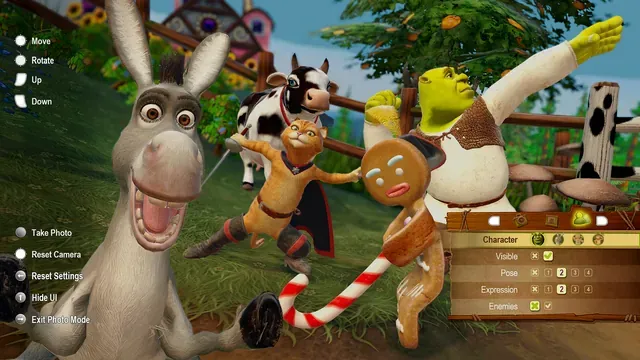 Photo Mode menu with Donkey, Puss in Boots, Gingy and Shrek posing together
