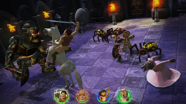 Four-character co-op battle in a torch-lit dungeon against giant spiders