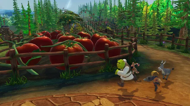 Shrek, Donkey and friends running past giant tomatoes in a fenced garden