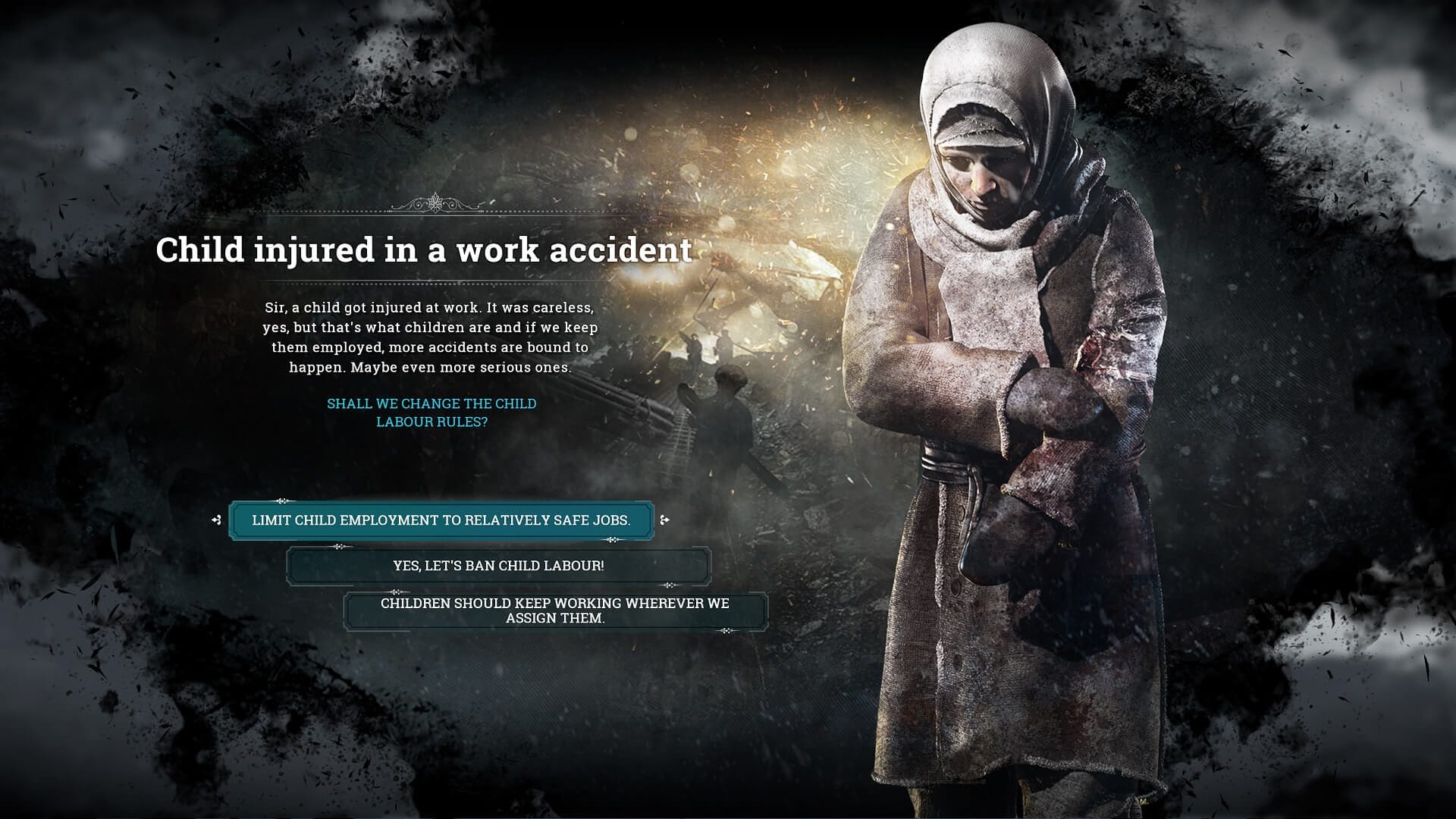Frostpunk story event showing a bundled-up woman with an injured arm and three child labor choices
