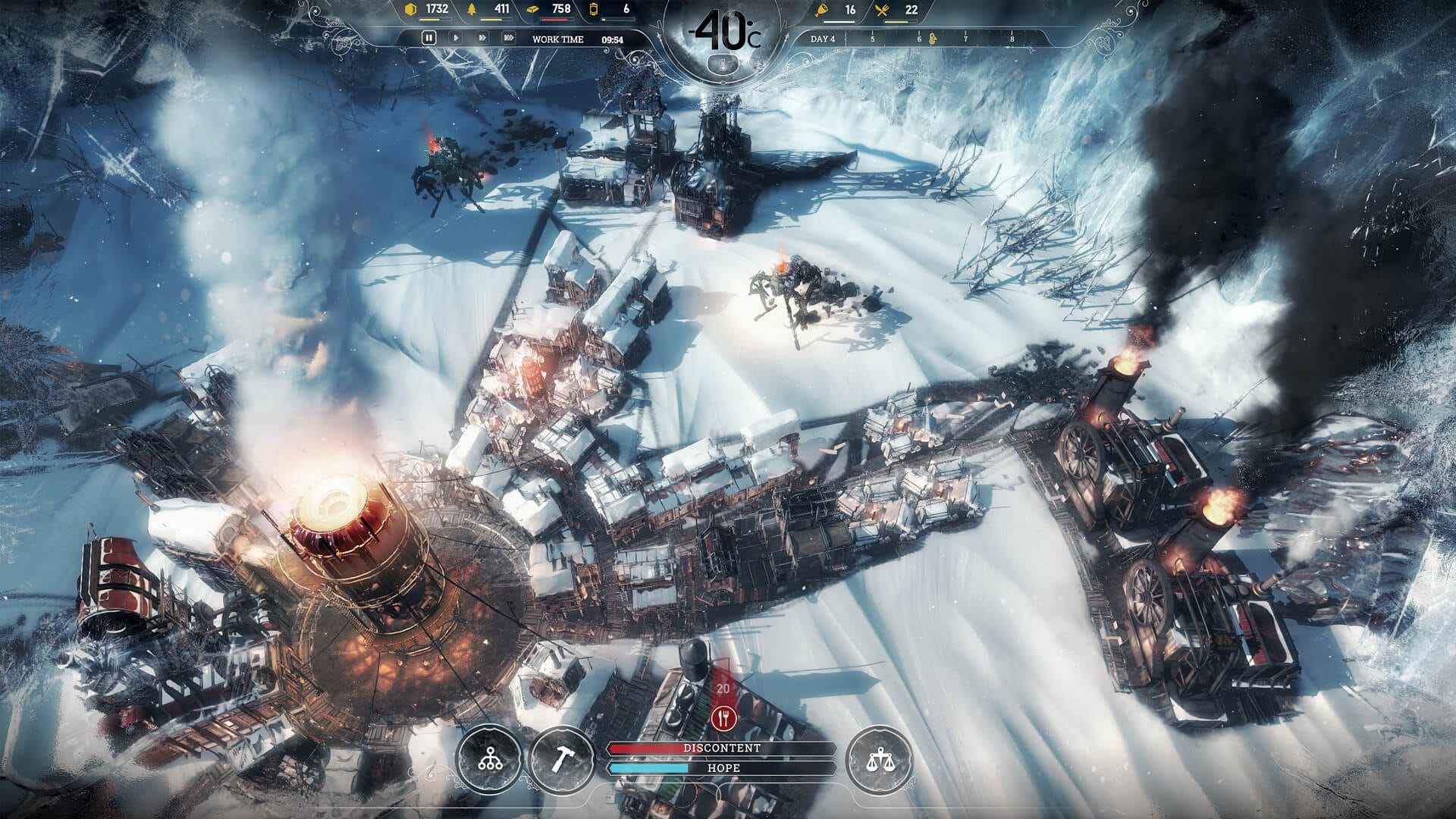 Frostpunk settlement around a glowing generator at -40 degrees with smoke rising over snowy rooftops