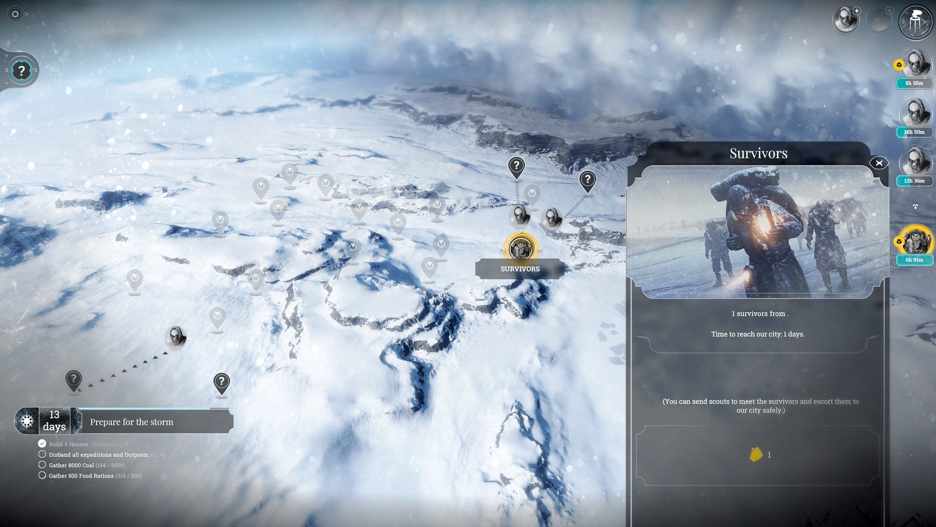 Frostpunk world map across the frozen wastes with a survivors expedition panel open