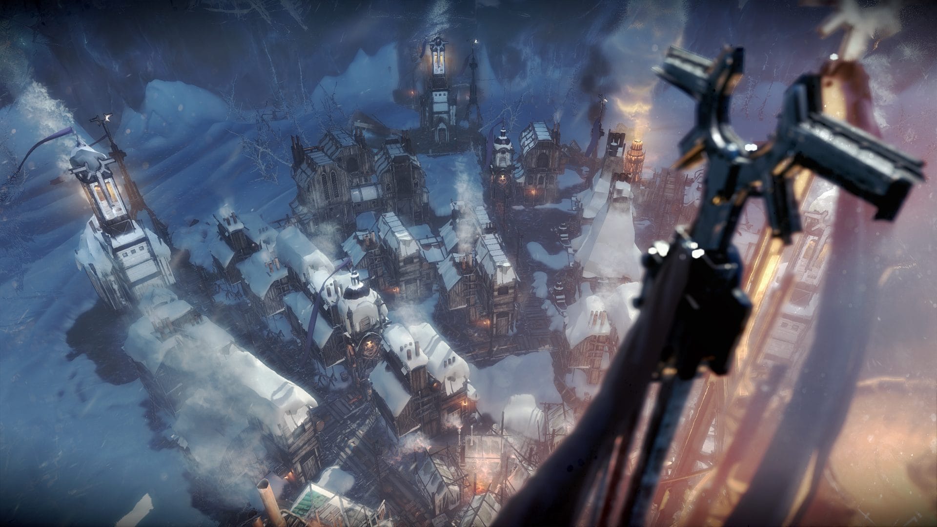 Snow-covered Frostpunk rooftops and watchtowers seen from above with a crane arm in the foreground