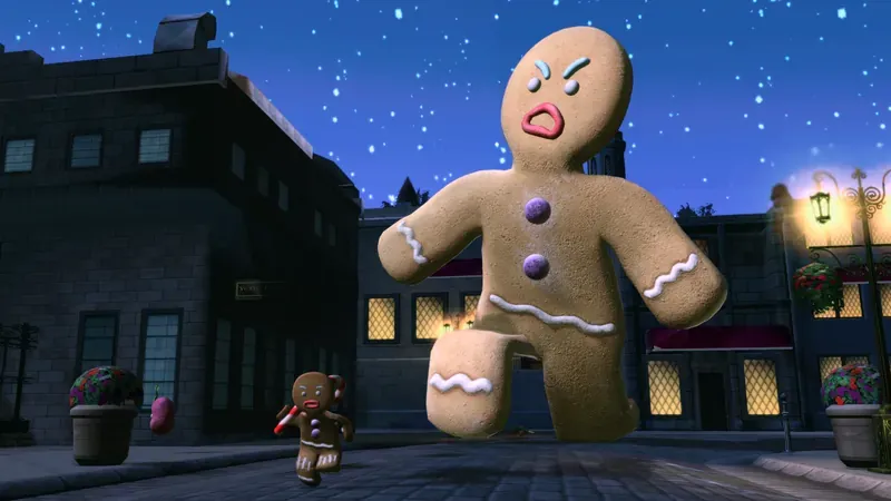 Giant angry Gingy stomping down a moonlit street while a small Gingy runs away