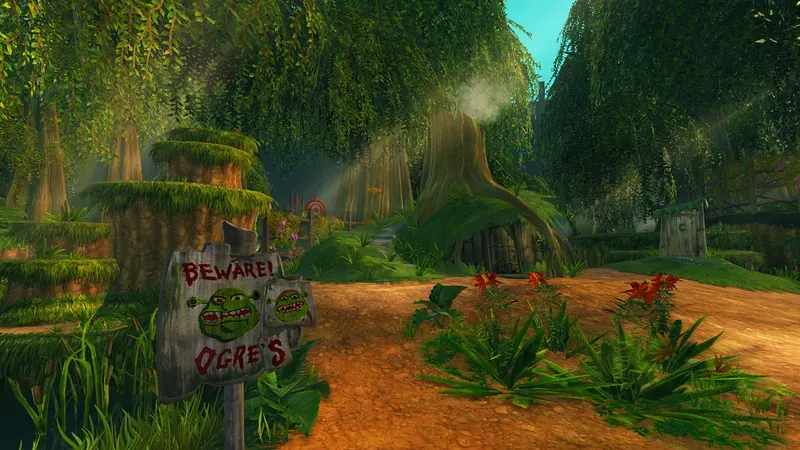 Sunlit swamp clearing with a Beware! Ogres sign in DreamWorks Shrek 2 Remastered