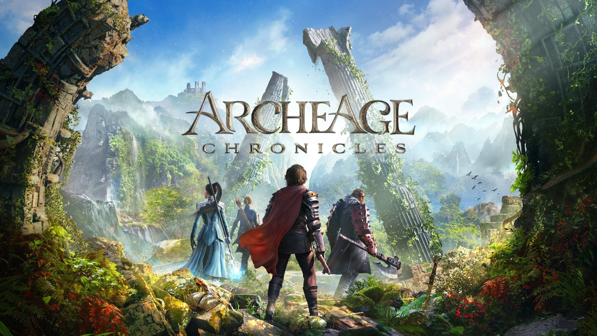 Three armored adventurers stand among overgrown ruins and cliffs under the ArcheAge Chronicles logo